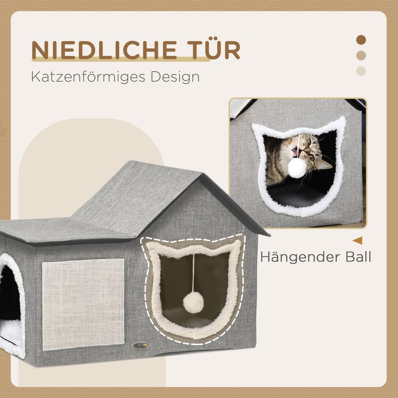 PawHut Katzenhöhle, Katzenhaus mit Kratzfläche, Doppeltüren, Spielball Polyester