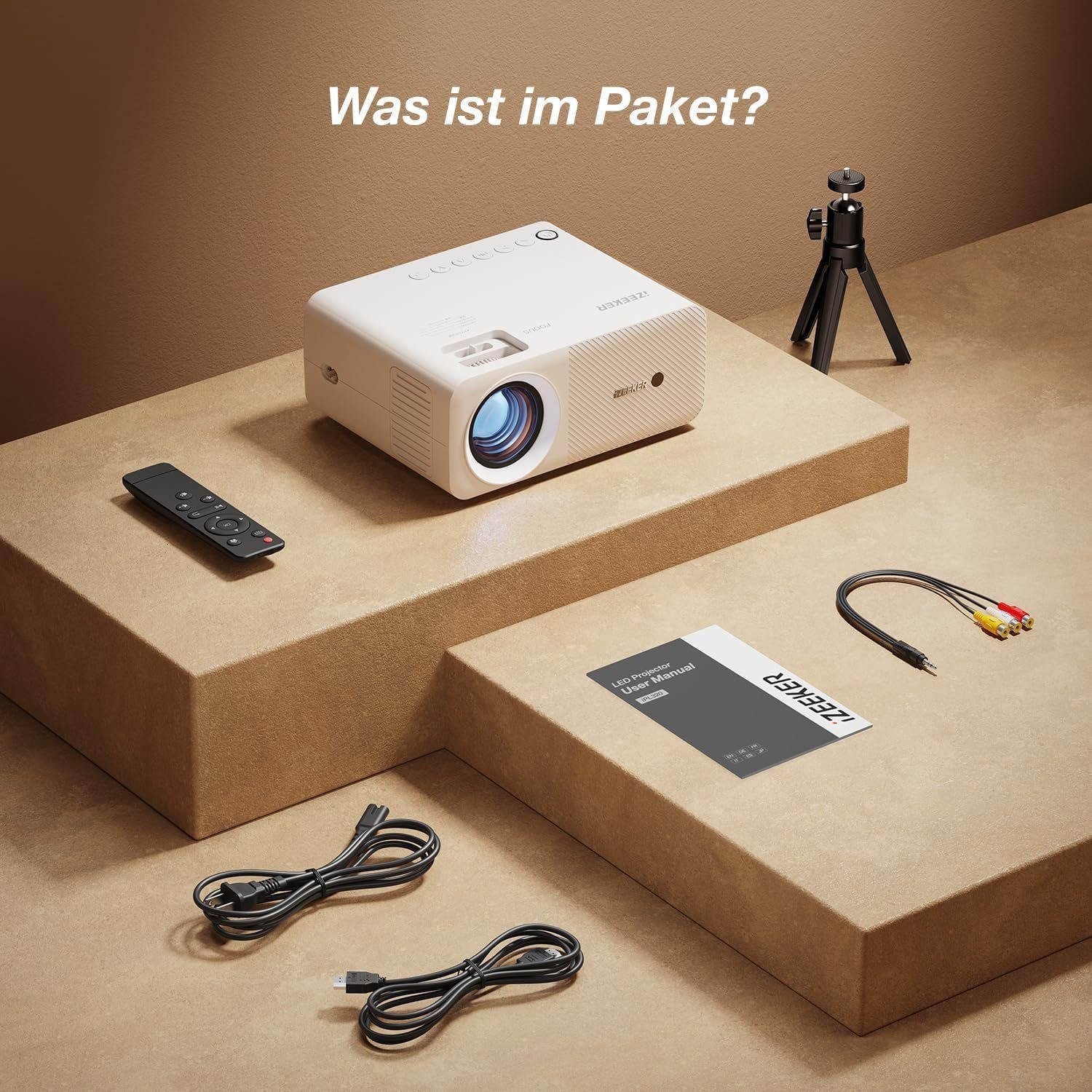 iZEEKER Beamer Bluetooth mit Stativ, Video Portabler Projektor (12000 lm, 10.000:1, 1920 * 1080P px, für Handy Phone Heimkino Projektor Kompatibel mit iOS AndroidPCTVStick)