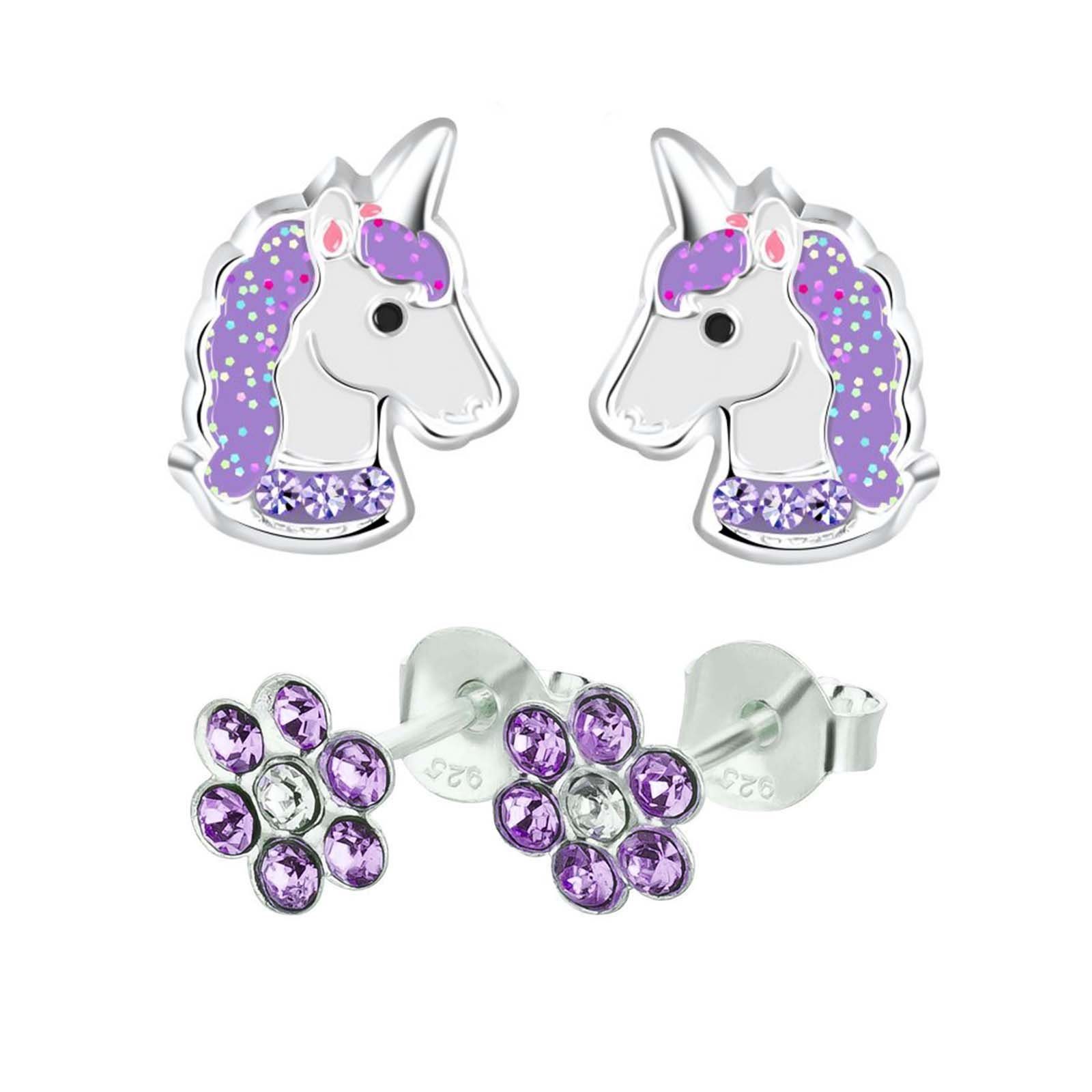 schmuck23 Ohrstecker-Set 2 Paar Kinder Ohrringe Einhorn Blume 925 Silber (Set, 2 Paar Ohrringe), Mädchen Schmuck Set Kristalle