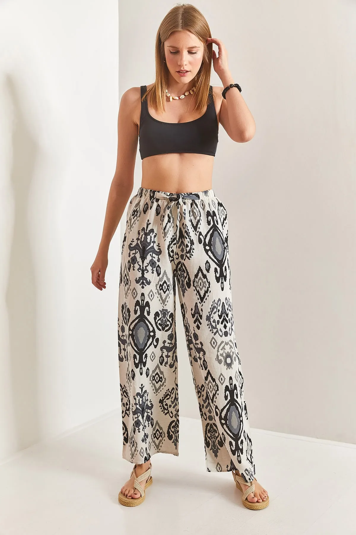 Bianco Lucci  Mehrfarbig gemusterte Damen-Leinenhose mit elastischem Bund