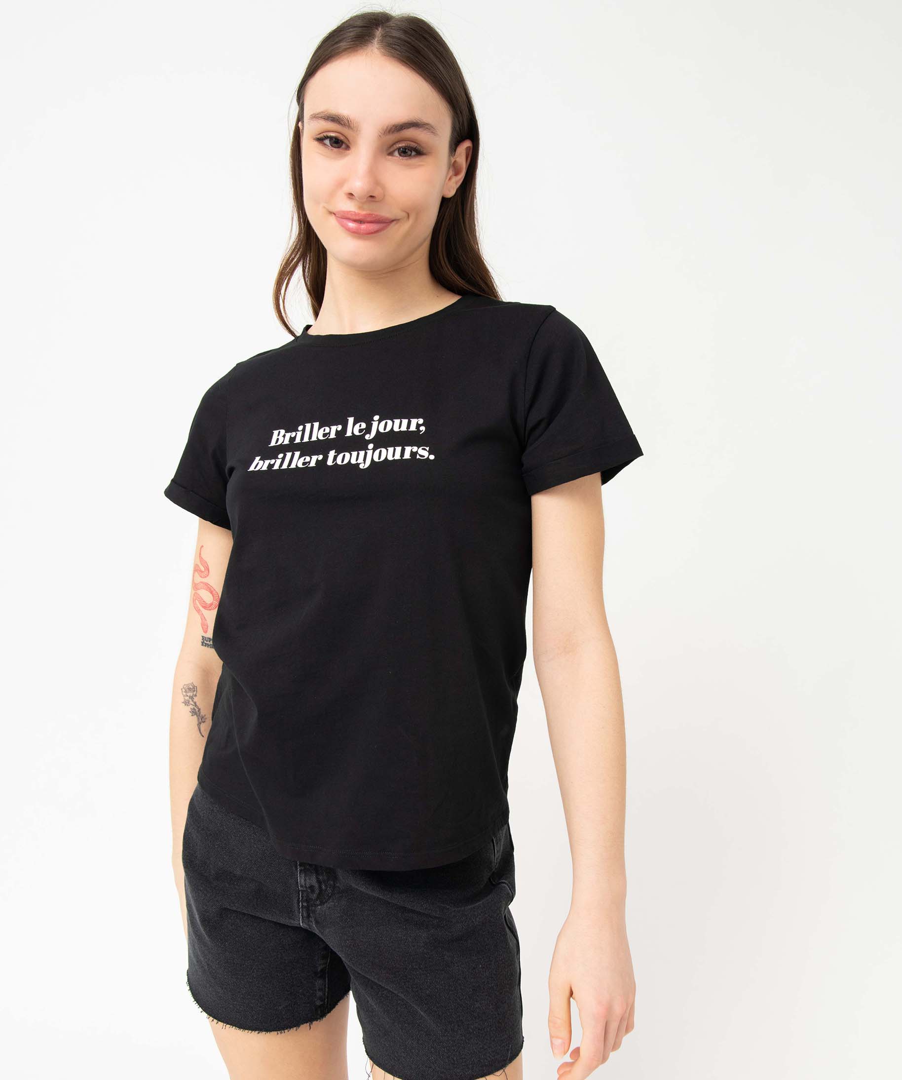 Tee-shirt femme à manches courtes avec message noir | GEMO