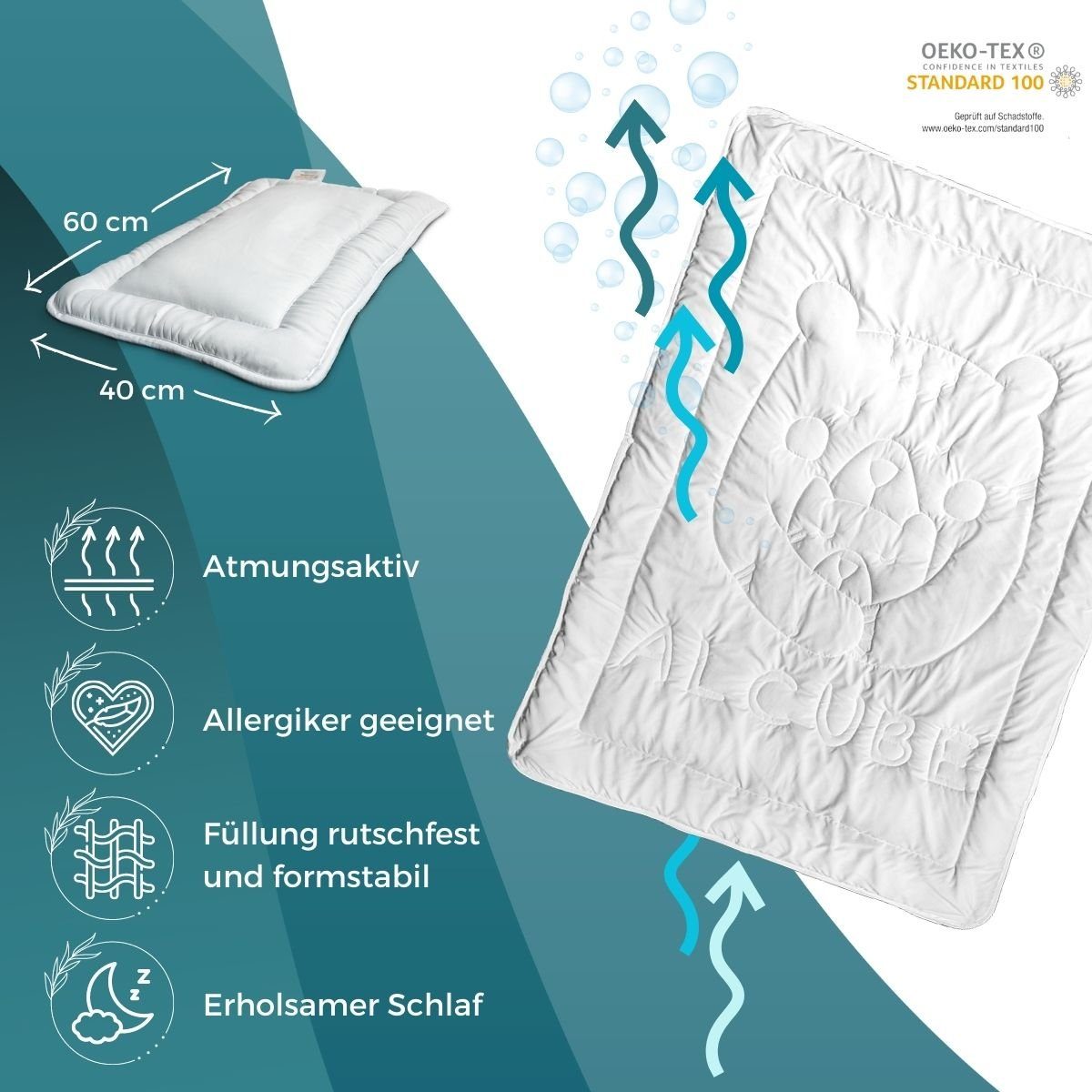 Kunstfaserbettdecke + Kopfkissen, HYGGI Bettdecken-Set 100x135 mit Kissen 40x60 für Babys und Kinder, Alcube, Bezug: Microfaser (100% Polyester), Premium Bettwäsche-Set Mikrofaser Decke und Kopfkissen