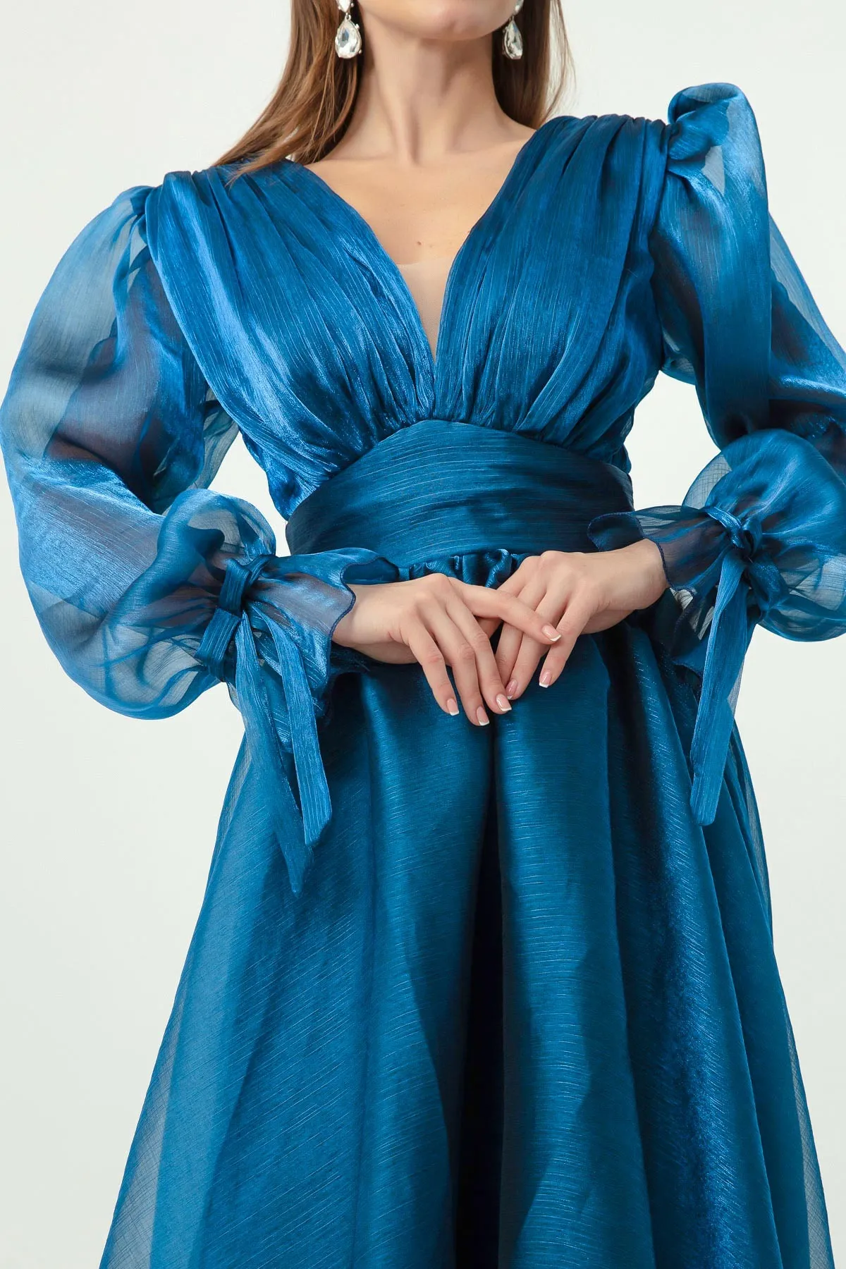 Lafaba  Langes Abendkleid mit Indigo-Ballonärmeln und V-Ausschnitt für Damen