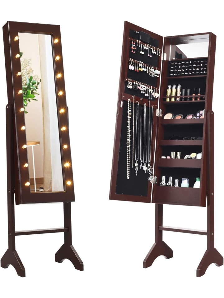 COSTWAY Schmuckschrank mit 18 LEDS in Braun günstig kaufen 145 cm