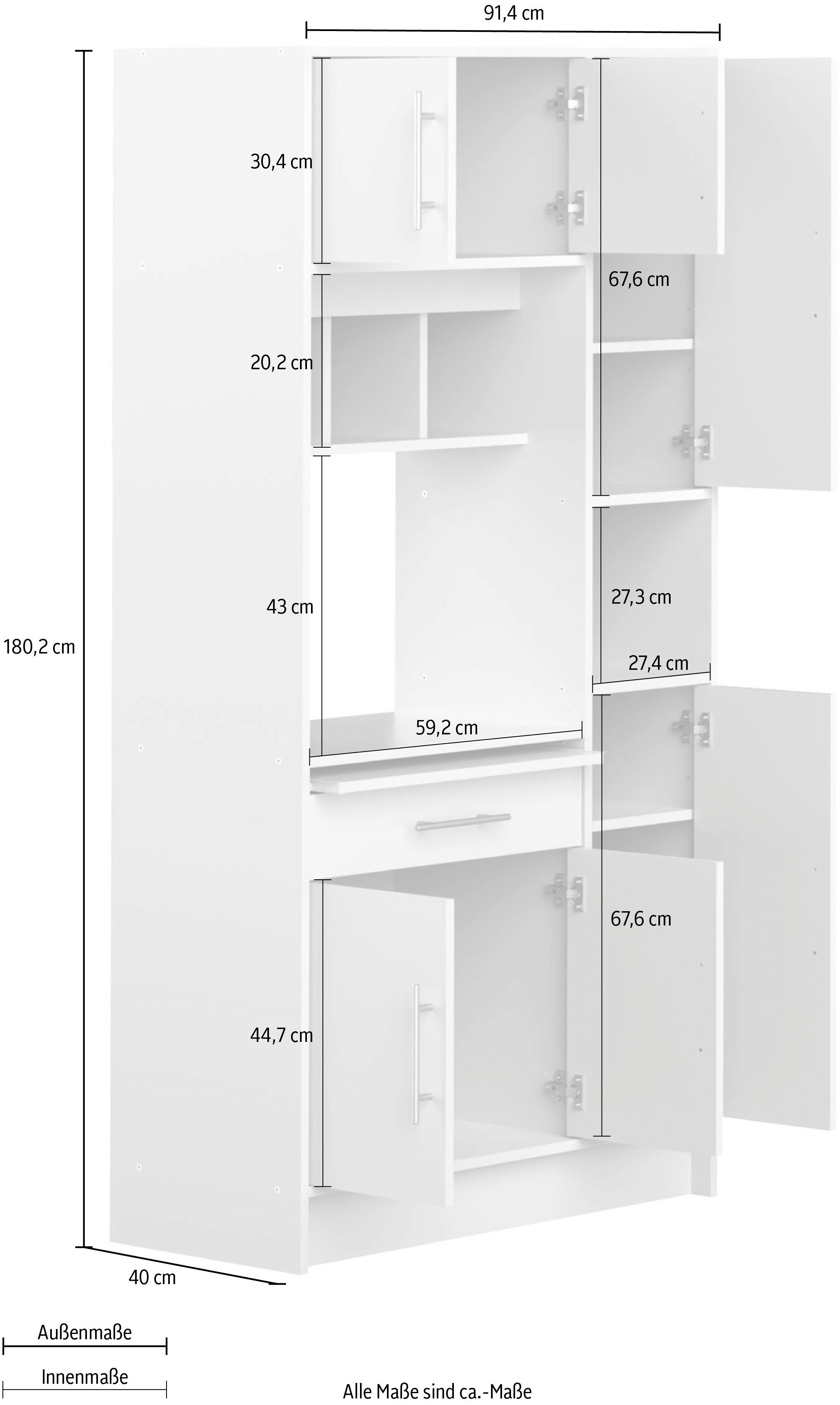 TemaHome Küchenbuffet Louise ausziehbarer Schrank, mit Fach für eine Mikrowelle, Höhe 180 cm