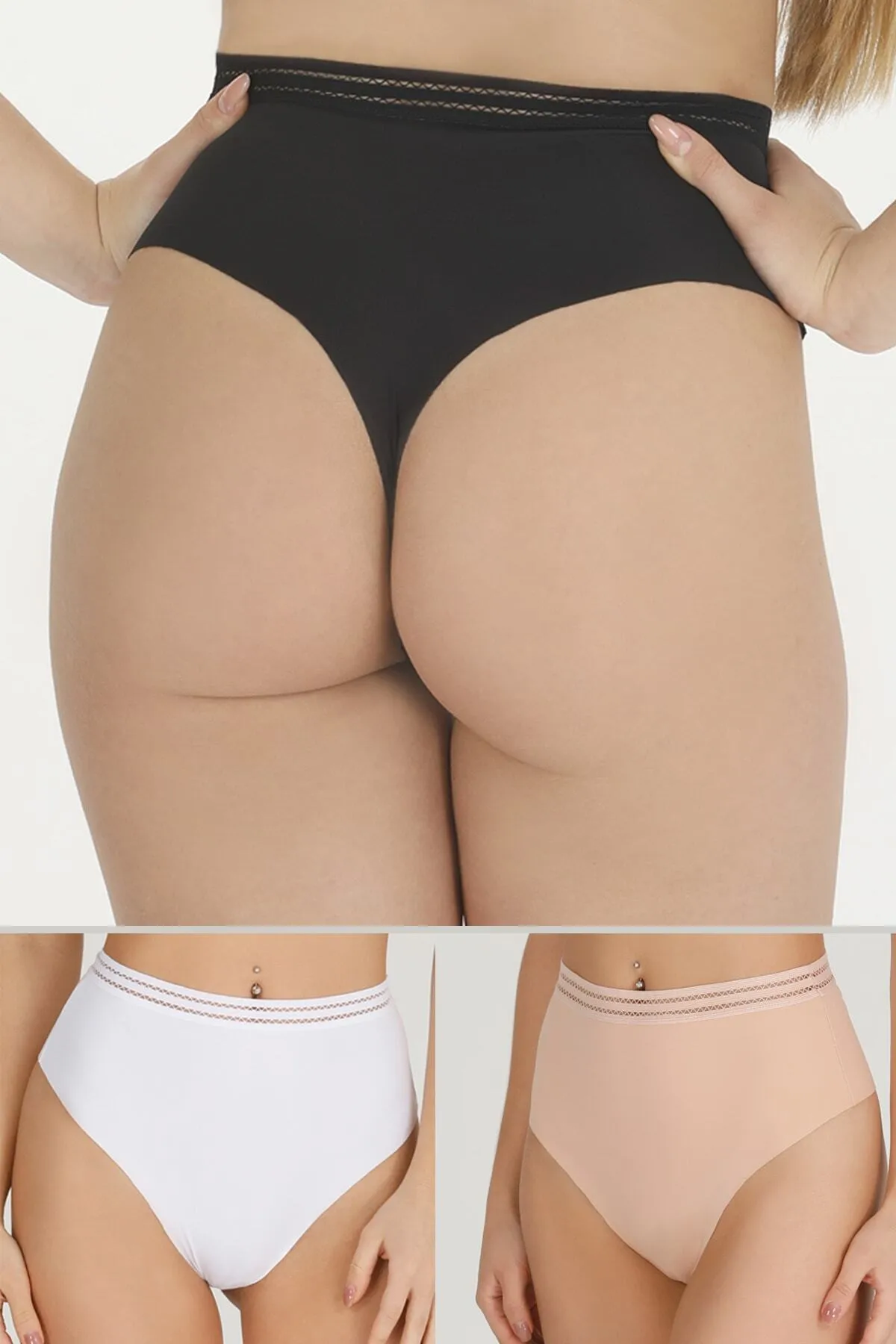 Sensu  Damen - High Waist Laser Cut Tanga Höschen 3er-Set gemischt - Kts2026