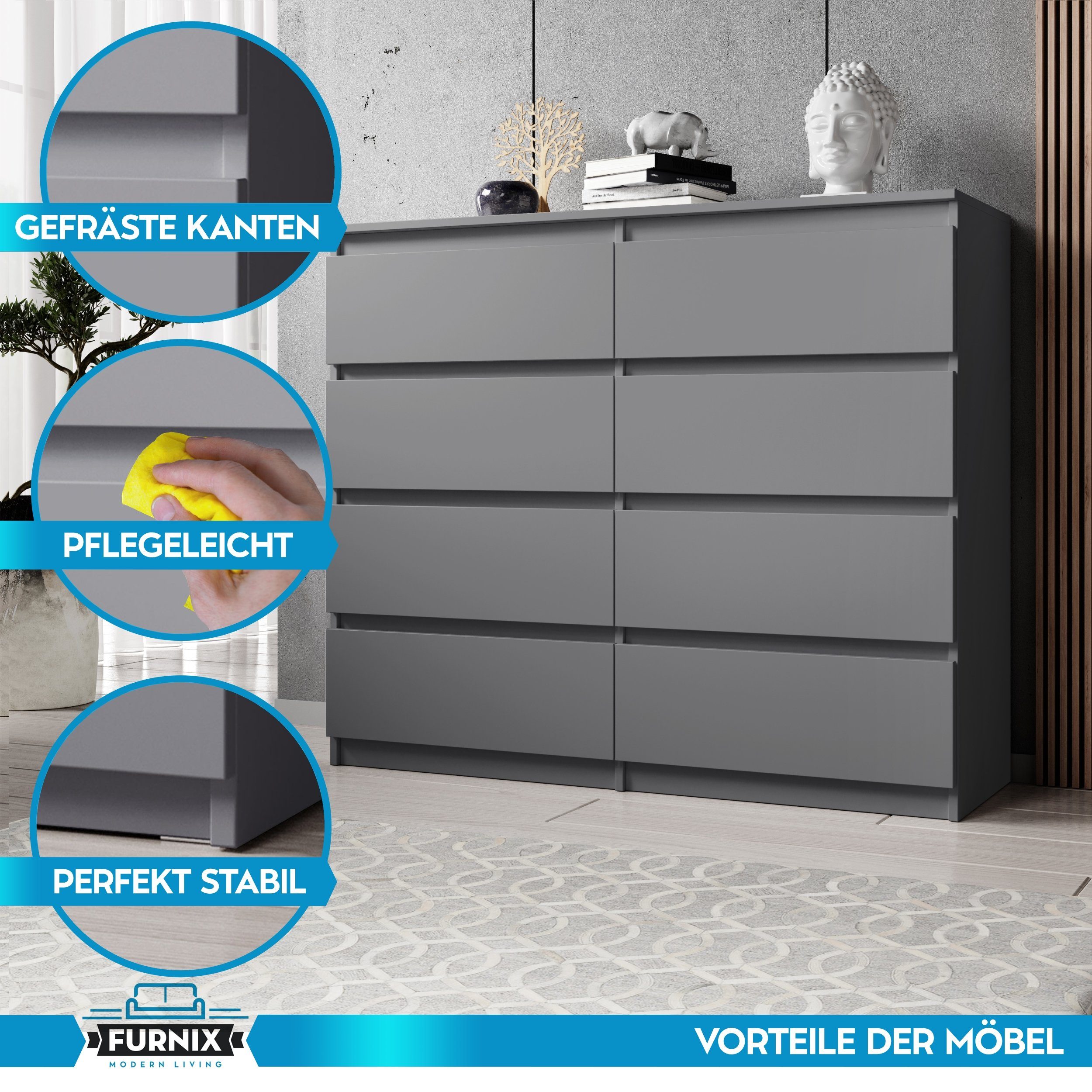 Furnix Hochkommode ARENAL multifunktional viel Stauraum, mit 8 Schubladen, B119,8 x H98,5 x T35 cm