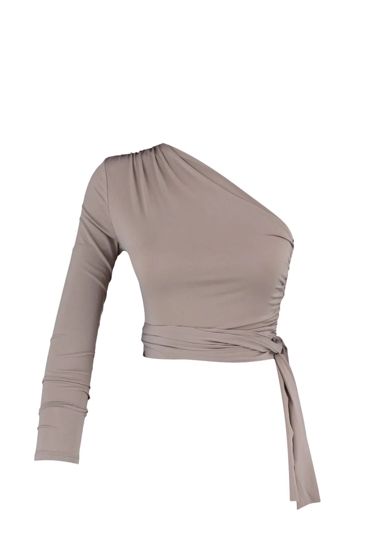 Trendyol Collection  Nerzfarbene, schmal geschnittene, detaillierte, einärmelige, bauchfreie, dehnbare Strickbluse TWOAW23BZ00094