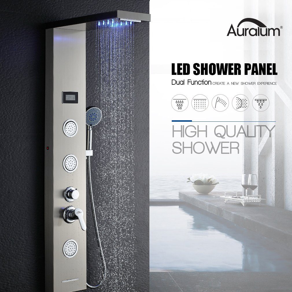 Auralum Duschsystem 5-Funktion LED Duschpaneel Badezimmer mit Dusch Duschsäule Handbrause, Edelstahl Duschset, Wassertemperatur-Display
