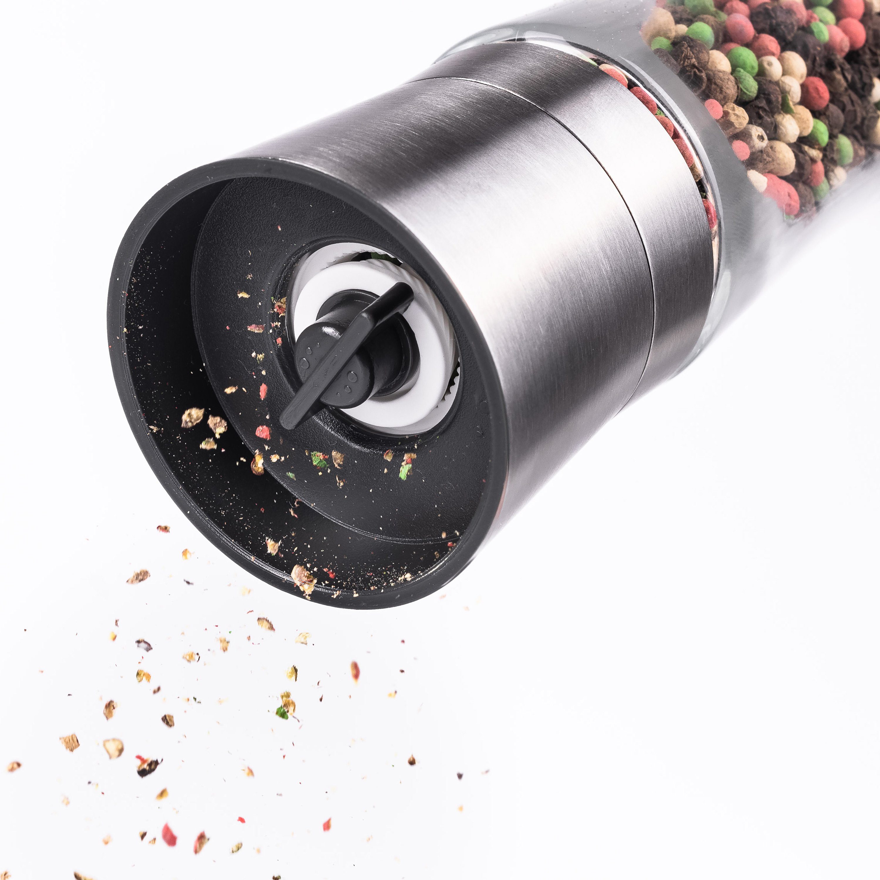 freegreen® Gewürzmühle PREMIUM Salz und Pfeffermühle 19cm 2er Set + Clean Eating Kochbuch Manuell für ein einzigartig gleichmäßiges Mahlergebnis!, mit verstellbarem Keramik-Mahlwerk und Geschenkverpackung