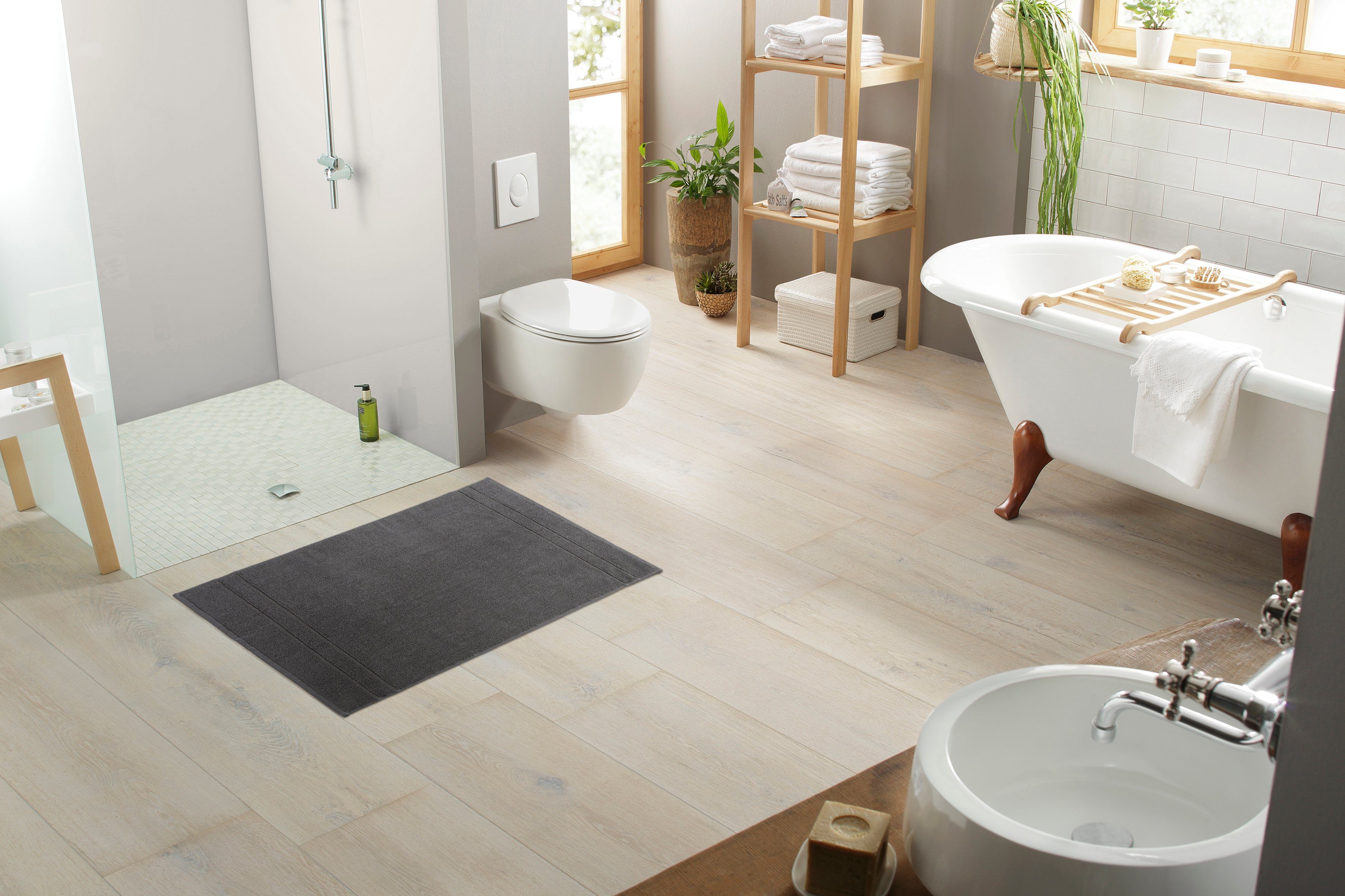 Badematte Inga my home, Höhe 4 mm, beidseitig nutzbar, fußbodenheizungsgeeignet, schnell trocknend, strapazierfähig, Baumwolle, rechteckig, feine Bordüre, einfarbig, 100% Baumwolle, 2-teiliges Badematten-Set