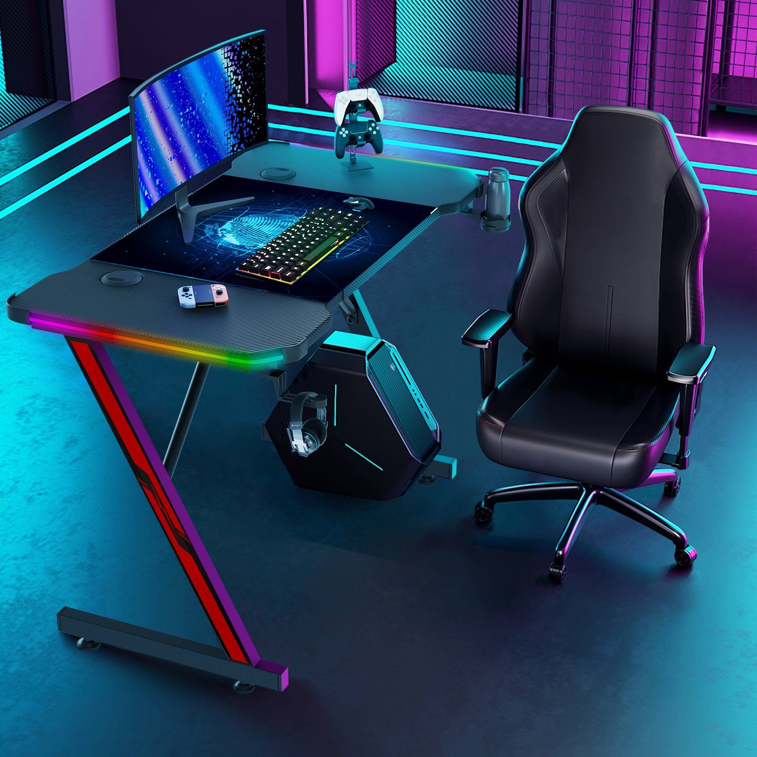 GUNJI Gamingtisch LED-Computertisch 120/140/160cm, mit Becherhalter und Kopfhörerhaken