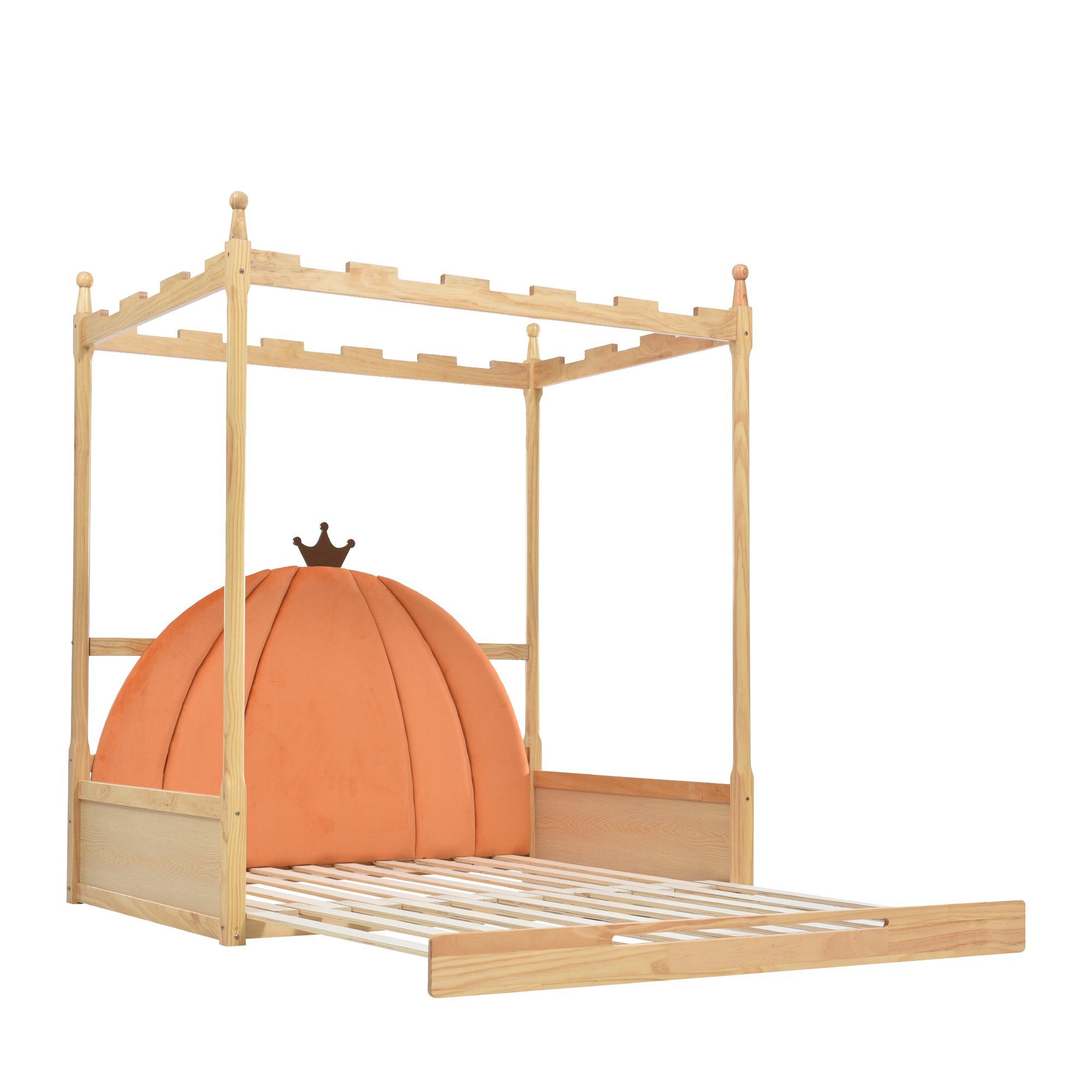 Gotagee Himmelbett Erweiterbares Holzbett Kinderbett Doppelbett Kiefernholz 140x100&200cm, Samtkissen in Kürbisform