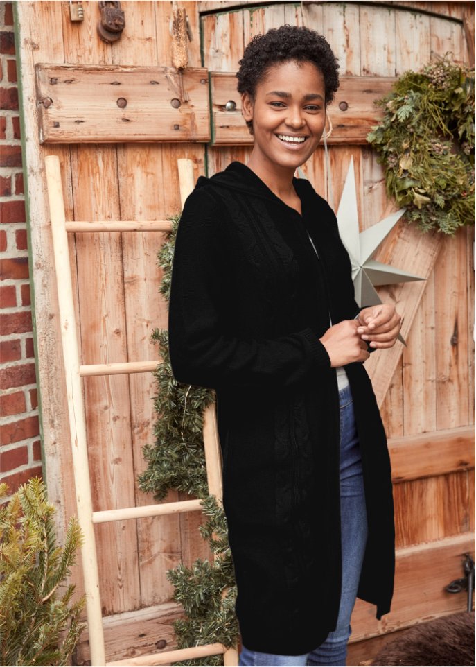 Longstrickjacke mit Kapuze