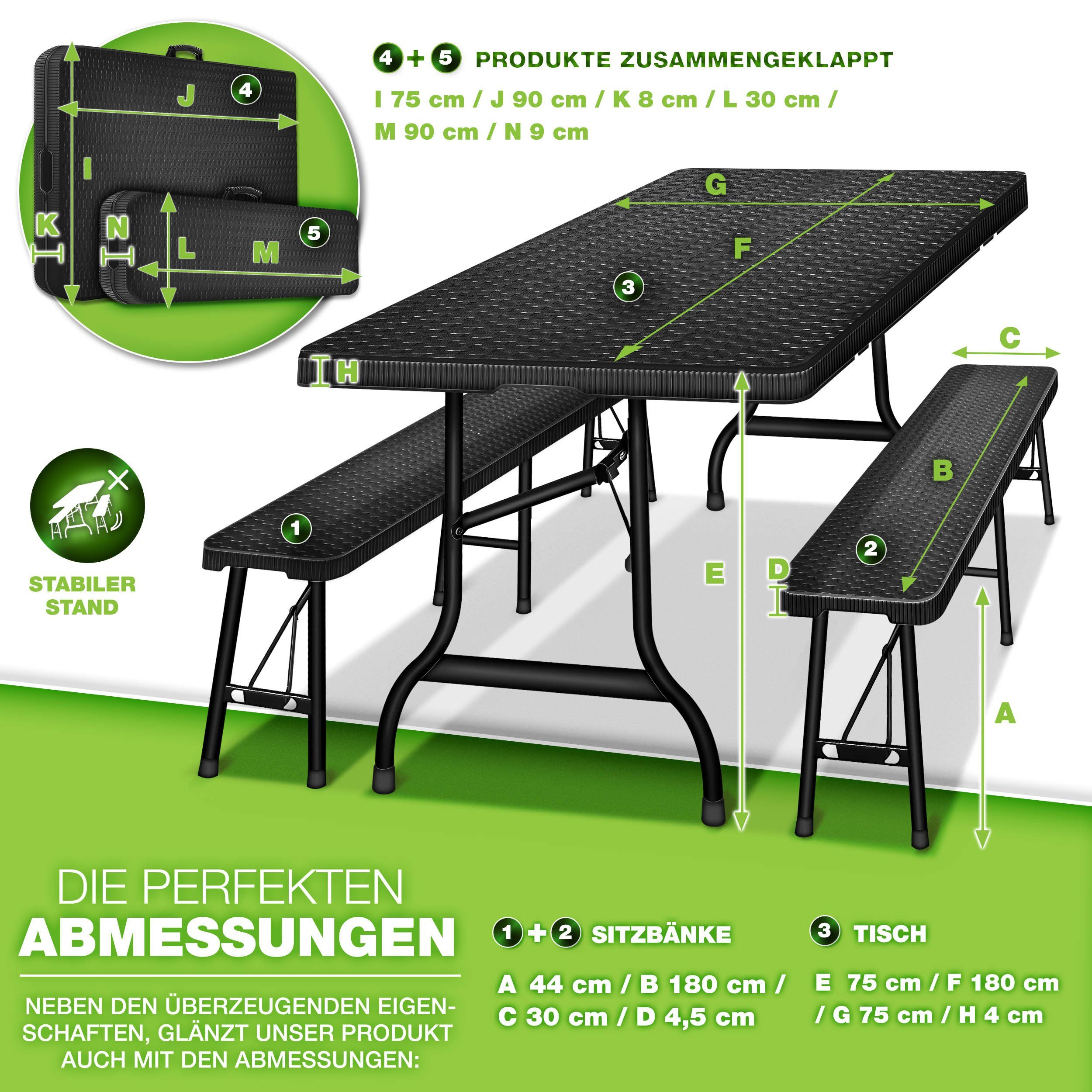 tillvex Bierzeltgarnitur klappbar 3-teilig Set Rattan Gartengarnitur wetterfest 180 cm, (Gartenmöbel Set Indoor & Outdoor mit Gartentisch und Bänken, Festzeltgarnitur)