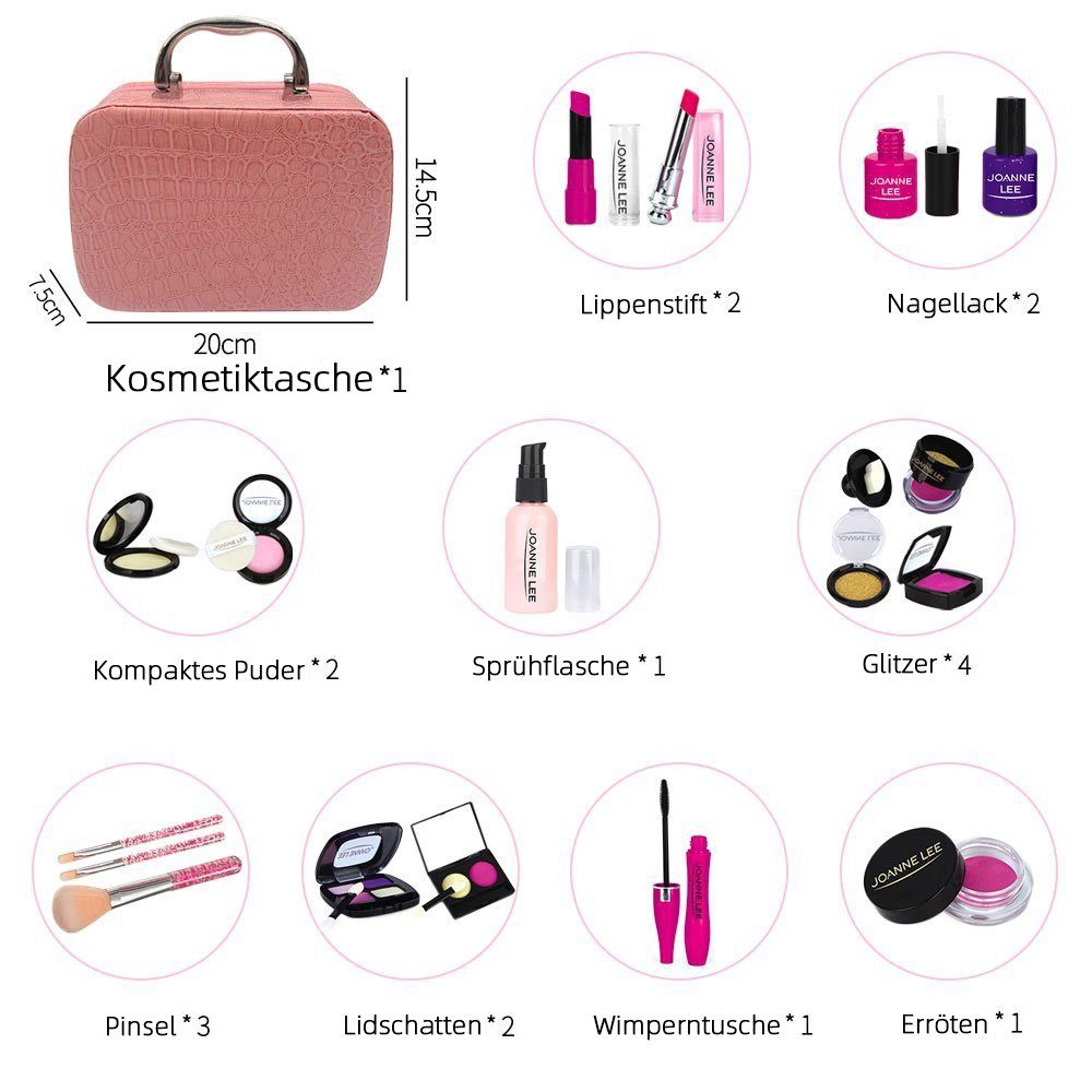Wenta Lernspielzeug (Kinderschminke Set, 19-St., Mädchen Waschbar Make-up Spielzeug mit Schminkkoffer), Rollenspielzeug Geschenke für Mädchen ab 3 4 5 Jahren