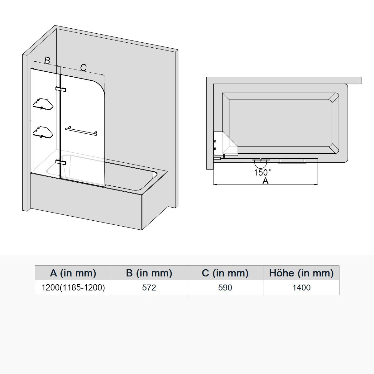 SONNI Badewannenaufsatz Duschtrennwand für Badewanne, 120x140 cm, für Badezimmer, Einscheibensicherheitsglas mit Nano Beschichtung, ESG mit Nano Beschichtung