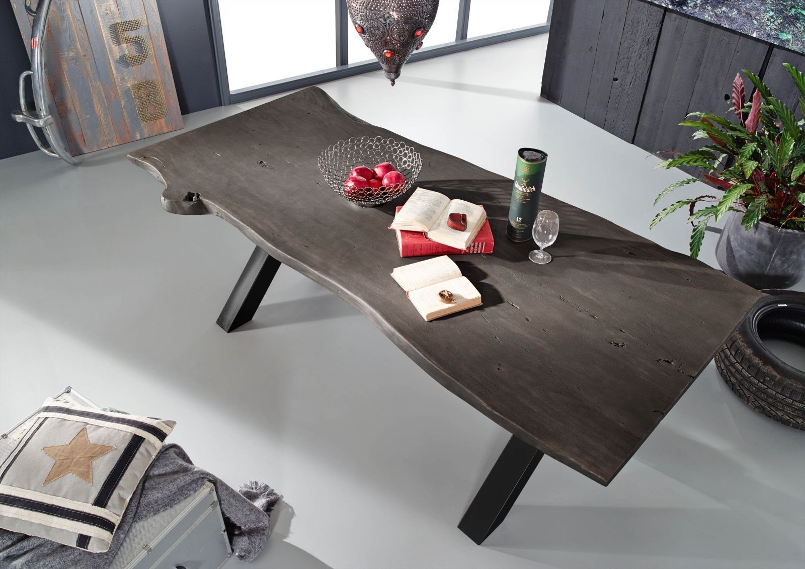 Massivmoebel24 Esstisch Esstisch Akazie 180x100x76 grau lackiert IRON LABEL #115