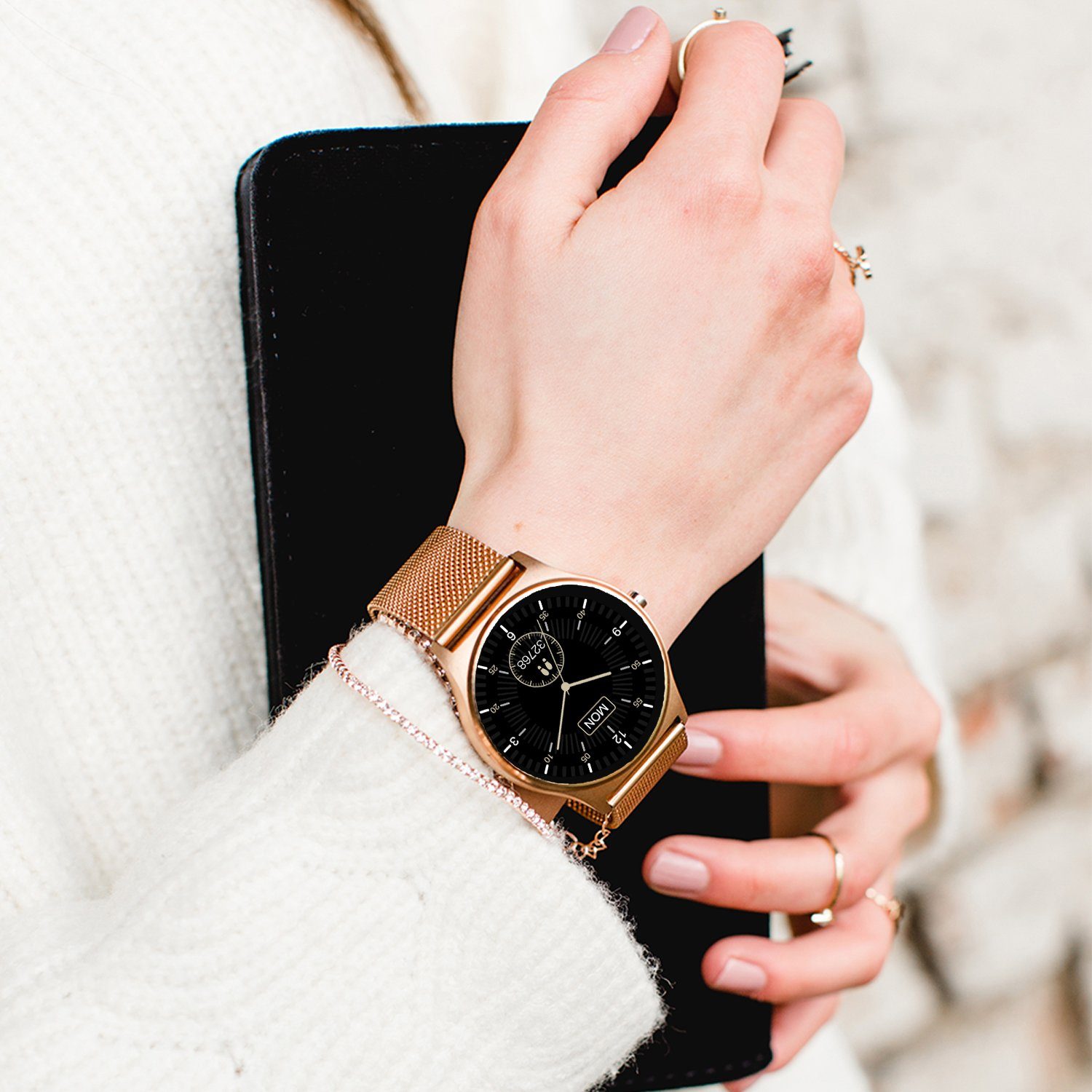 XCOAST JOLI Damen Smartwatch (3,9 cm/1,3 Zoll) Fitness Tracker, neueste Generation, rosegold, 3-tlg., mit goldenem Mesh Armband, IP67 wasserdicht, Herzfrequenz, Blutdruck, Blutsauerstoff, Schlaf