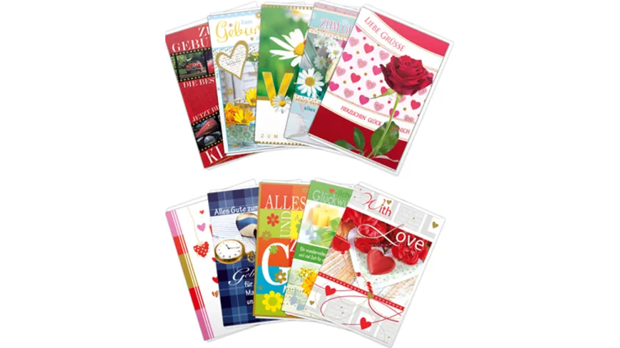 Glückwunschkarten mit Allgemeinmotiven im 5er Pack sortiert