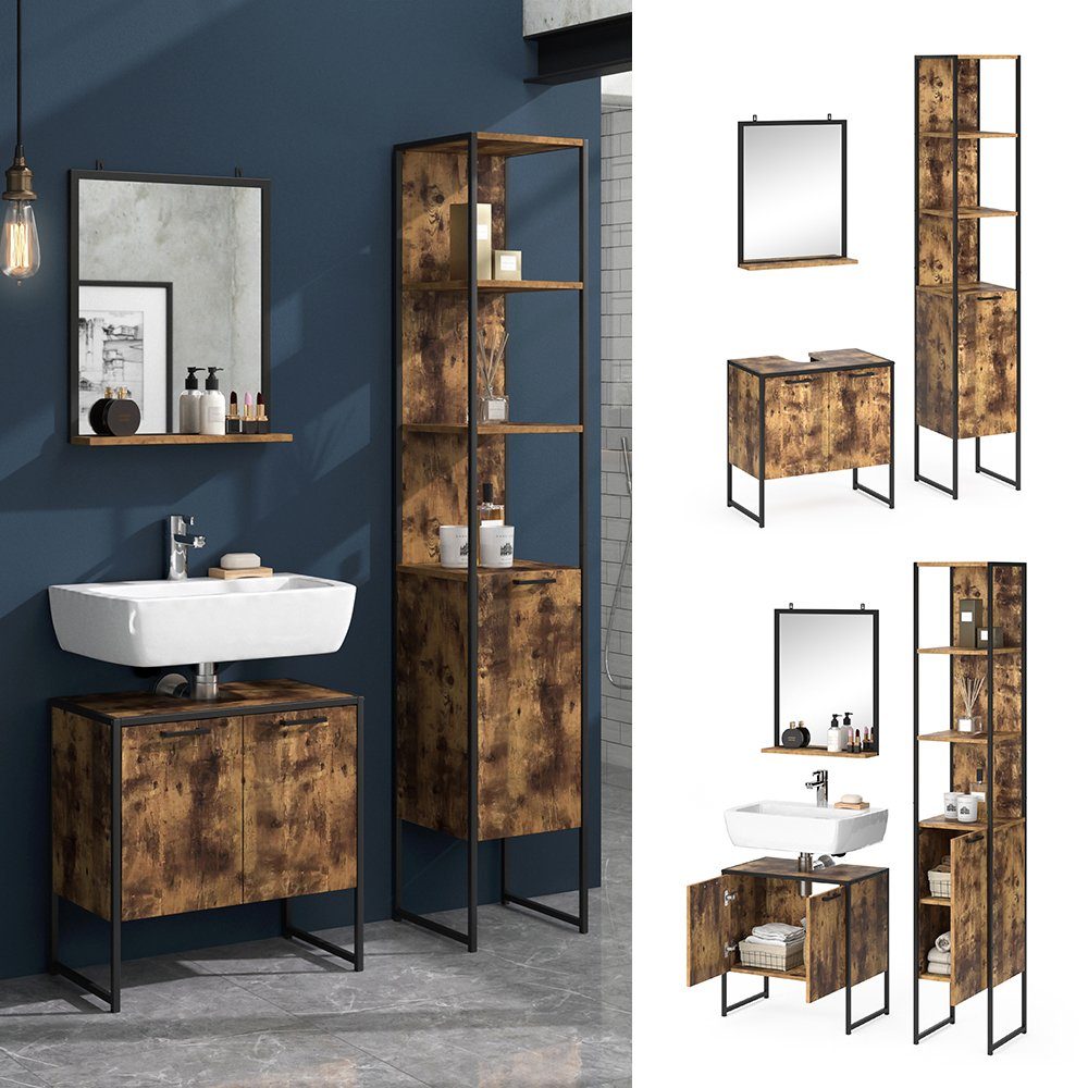 Vicco Badmöbel-Set Loft-Badezimmerset FYRK Vintage Set 7, (3-er Set, 3-St., 3-er Set)
