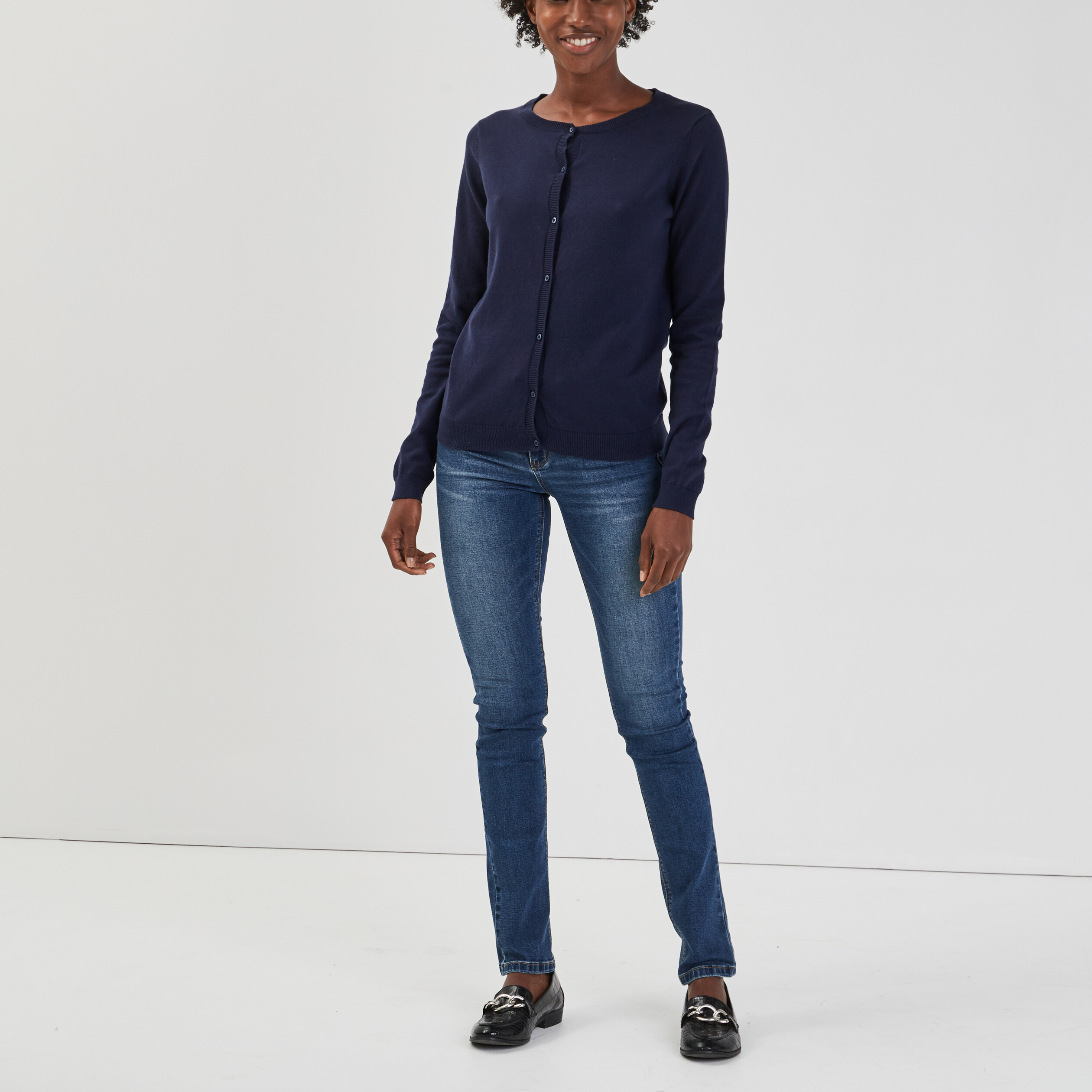 Gilet manches longues boutonné bleu marine femme | La Halle