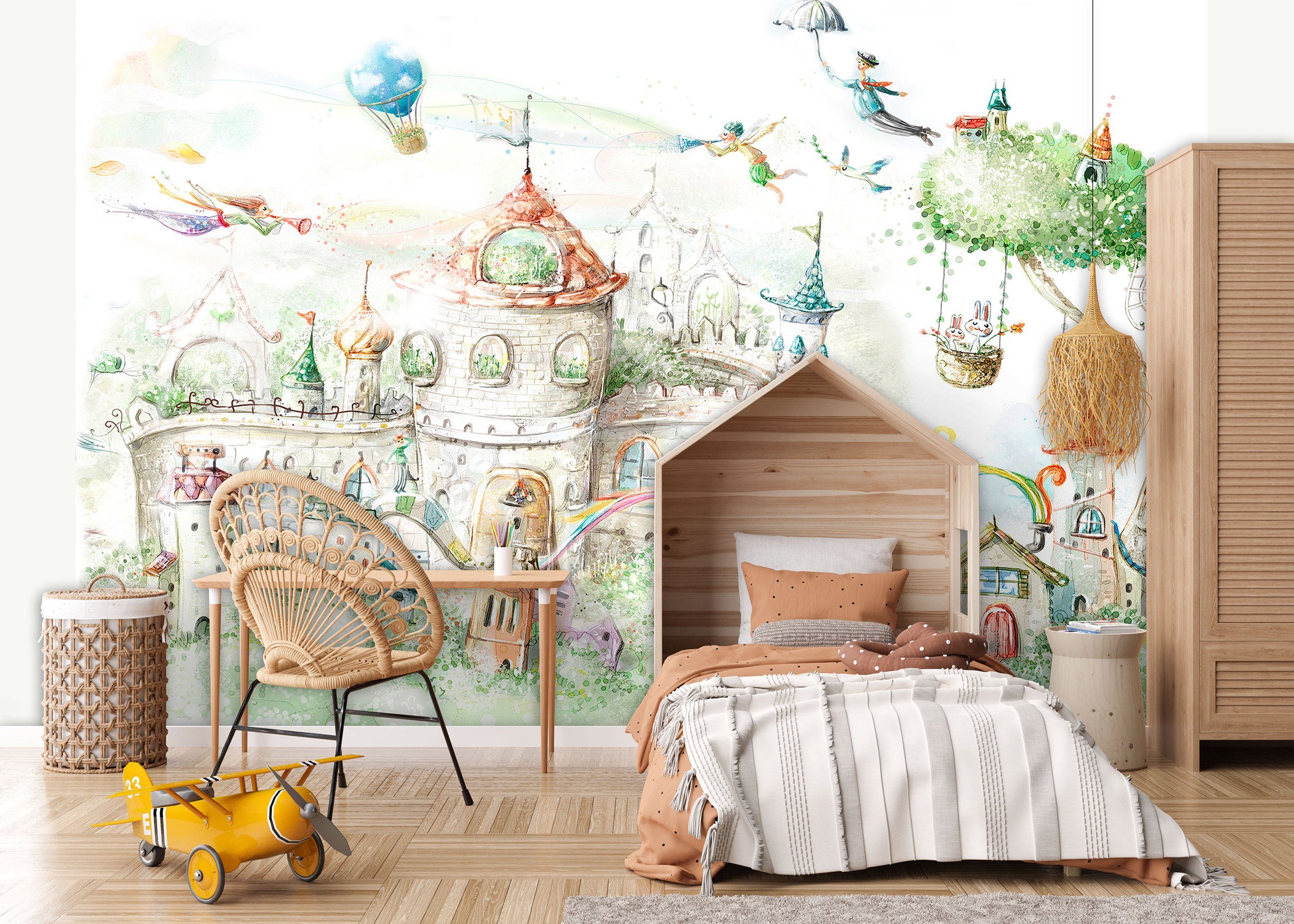 Wallarena Fototapete Kinderzimmer Mädchen Märchenschloss Pastell Vlies Tapete Vliestapete, Glatt Vlies Struktur Vinyl, Kinder, Tapete inklusive Kleister Vliestapete Motivtapete