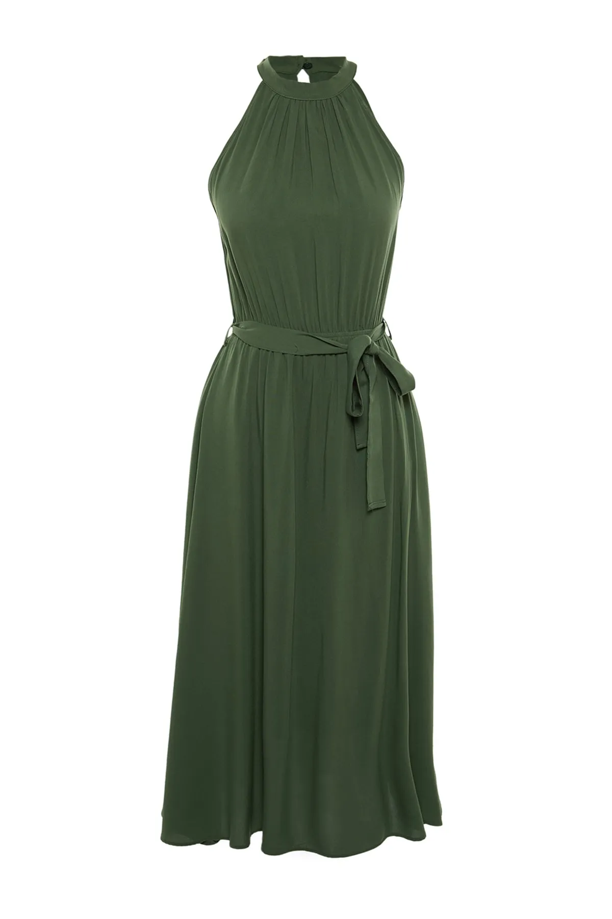 Trendyol Collection  Khakifarbenes A-Linien-Midikleid aus Viskose mit Neckholder und Gürtel TWOSS19EL0155
