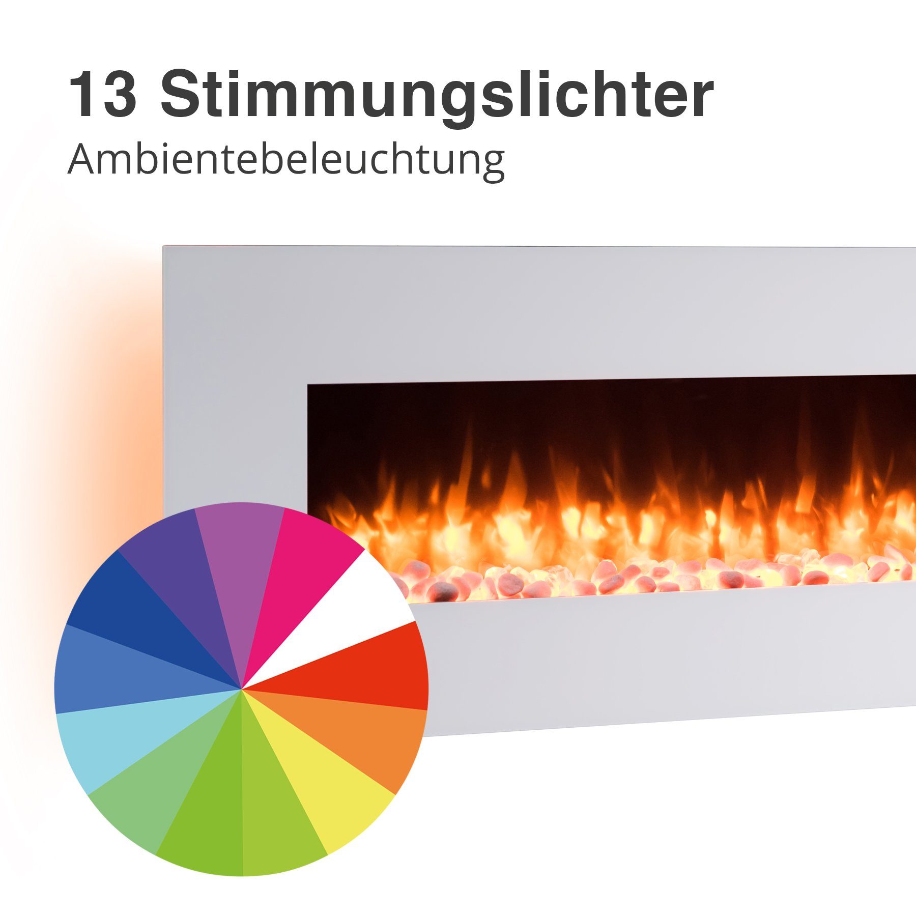 RICHEN Elektrokamin Yoash, Wandkamin mit Heizung 2000W, 3D-Flammeneffekt, LED-Beleuchtung, Fernbedienung, Timer, Thermostat