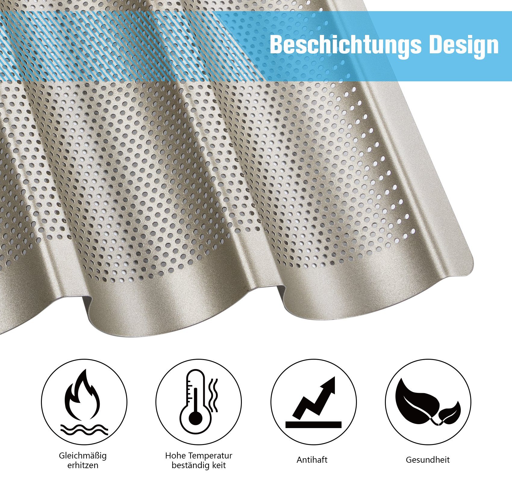Homewit Baguetteblech Baguetteblech aus Kohlenstoffstahl und Antihaftbeschichtung Rostschutz, Kohlenstoffstahl, (1-St., 38,5*28,5*3,5 cm, 3 Brotrillen), für Küchen, Bäckereien und Restaurants