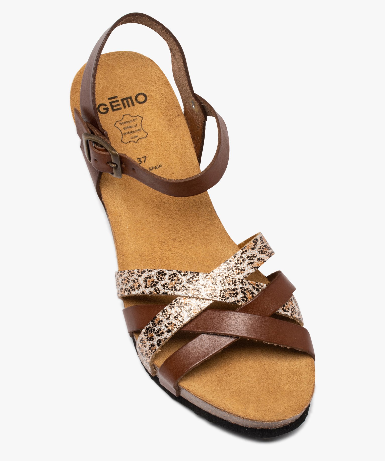 Sandales femme compensées à brides en cuir marron | GEMO