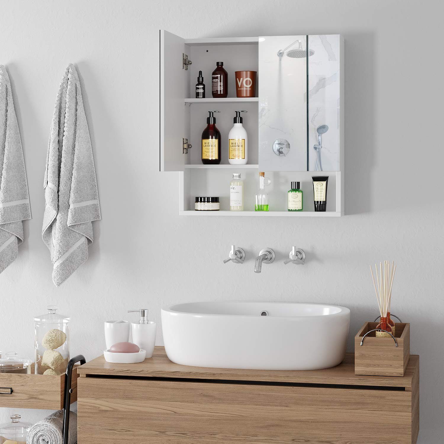 Homfa Spiegelschrank Hängeschrank, Badezimmerschrank, mit Türen und Ablage, 53x58x13cm, weiß
