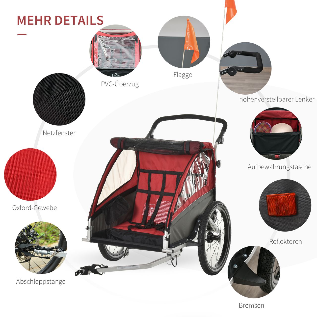 HOMCOM 3 in 1 Kinderanhänger Jogger Fahrradanhänger für 2 Kinder Alu Rot