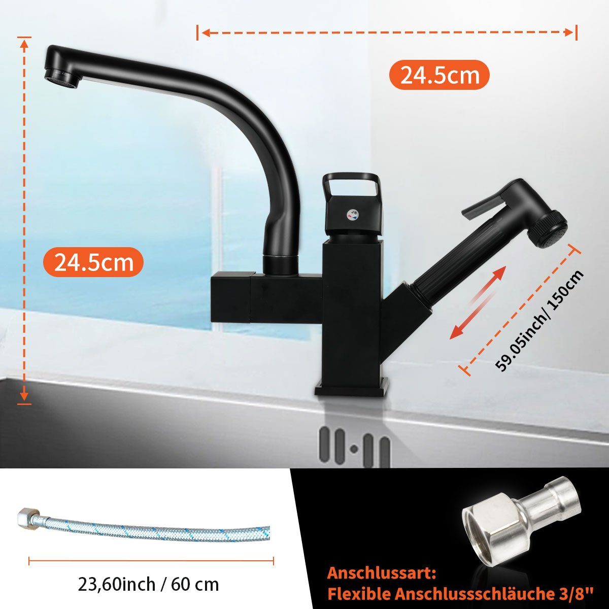 7Magic Waschtischarmatur Wasserhahn Küche, Hochdruck Armatur mit Brause Ausziehbar Armatur Mischbatterie Spültischarmatur, 360° Schwenkbar Zwei Sprühfunktionen