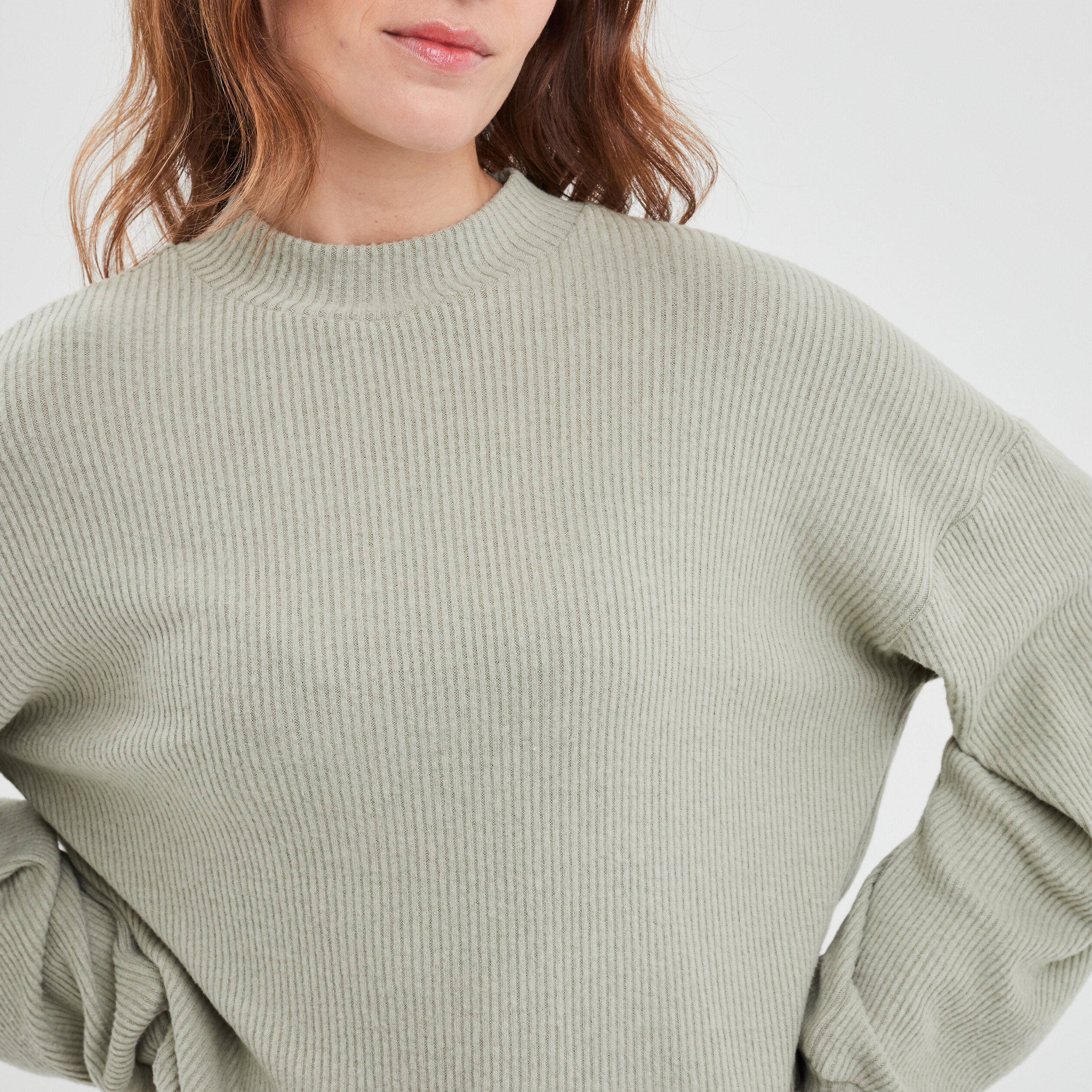 T-shirt manches bouffantes côtelé vert kaki femme | La Halle