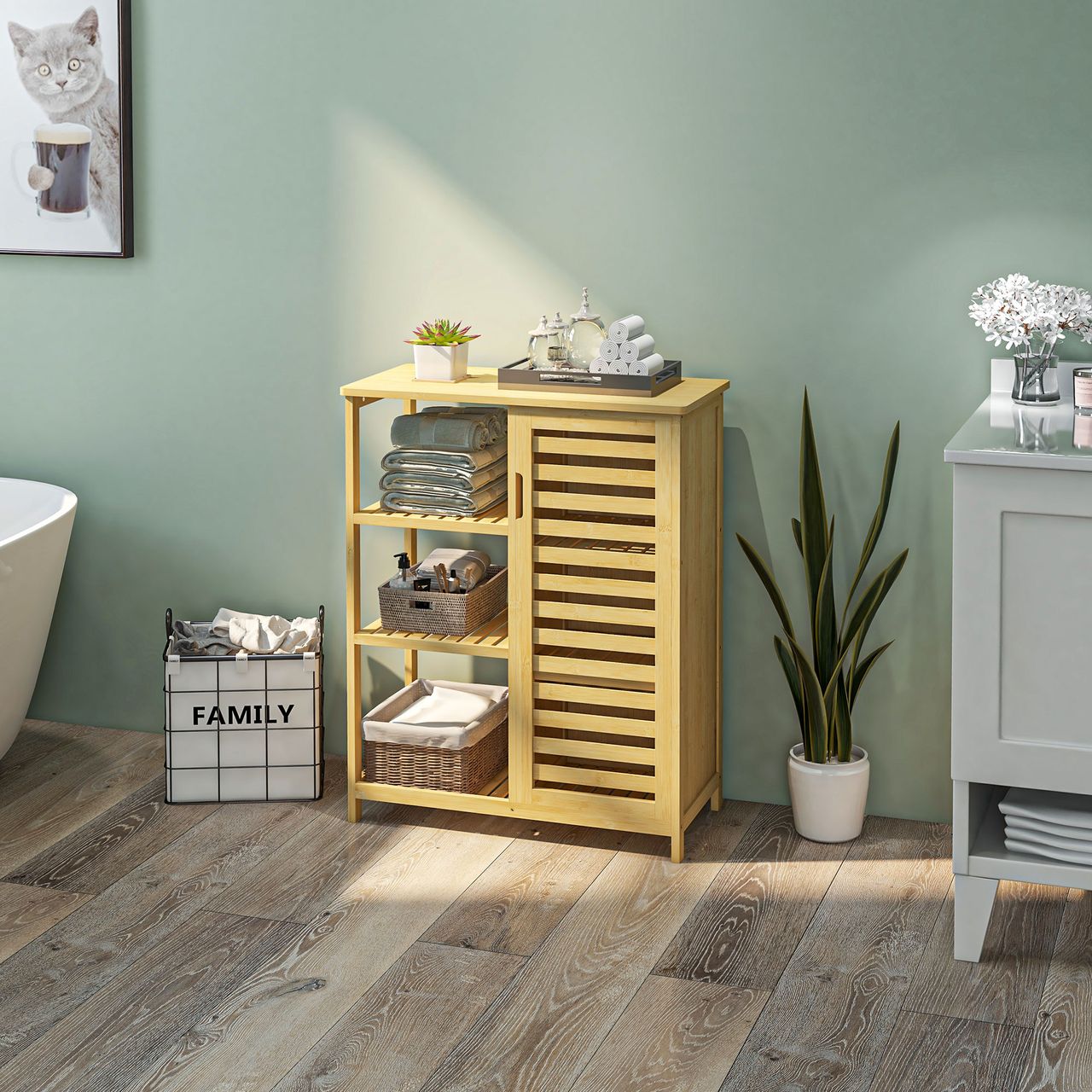 kleankin Badezimmerschrank Badschrank mit Schrankfach, 3 Offenen Ebenen, Bambus