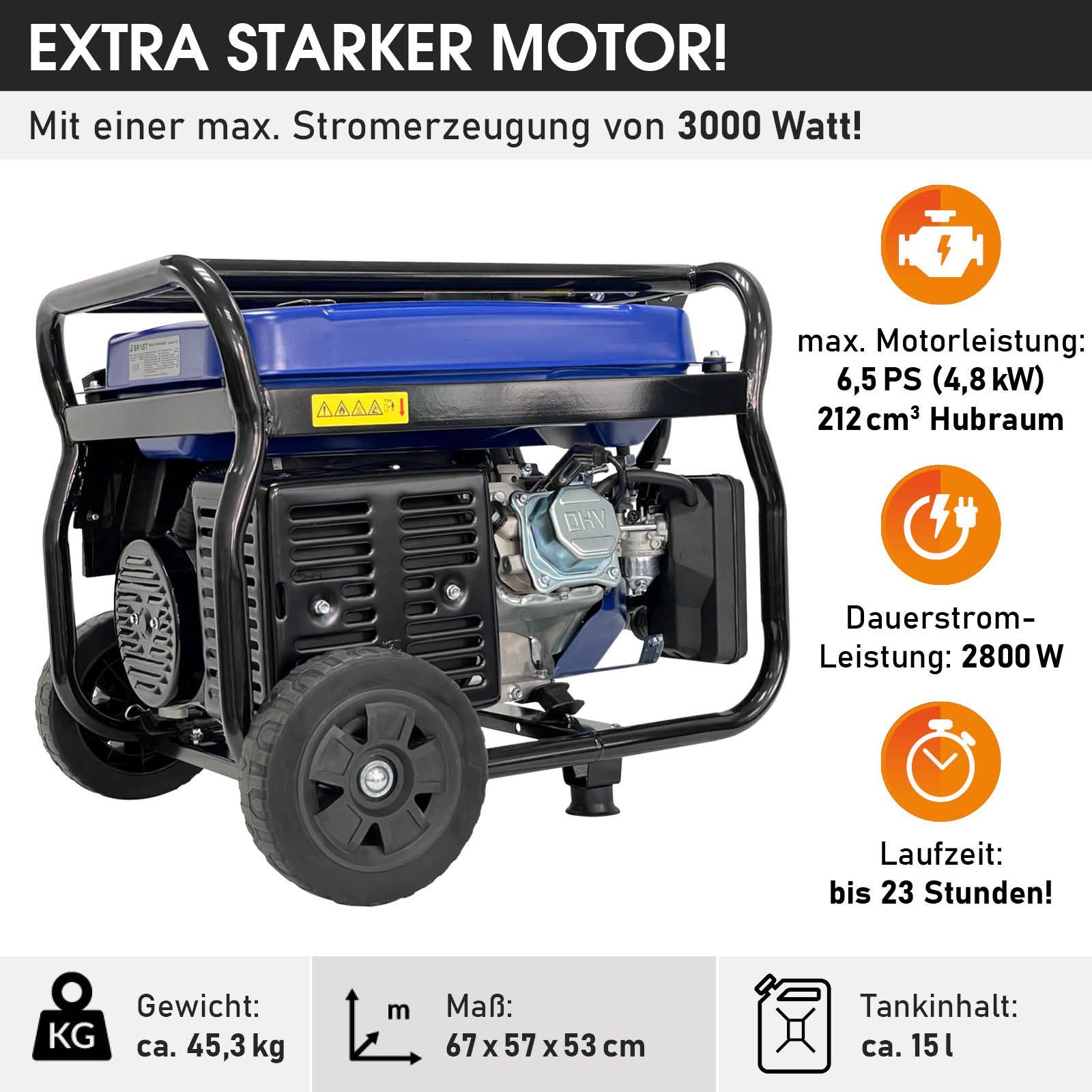 BRAST Stromerzeuger Benzin 4,8kW (6,5PS) mit 212cm³ 3000 Watt 4-Takt-Motor, (Zahlreiche Anschlüsse für flexiblen Einsatz), lange Laufzeiten bis zu 23 Stunden Generator Stromgenerator