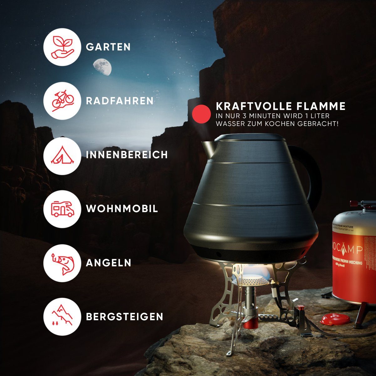 EVOCAMP Gaskocher Mini 3.2 kW mit Piezo-Zünder, ideal für Outdoor, Camping Stove, ohne Gaskartuschen