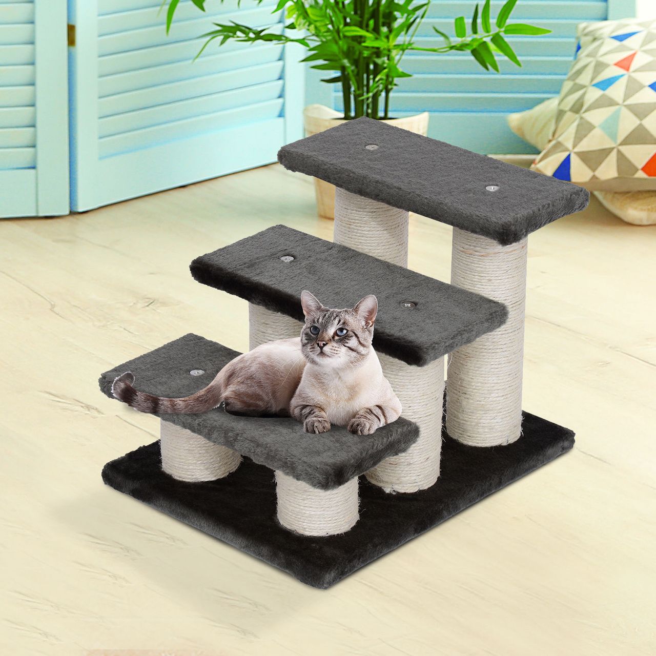 PawHut Tiertreppe Katzentreppe 3 Stufen Hundetreppe Treppe für Katze und Hunde Plüsch Dunkelgrau 45 x 35 x 34 cm