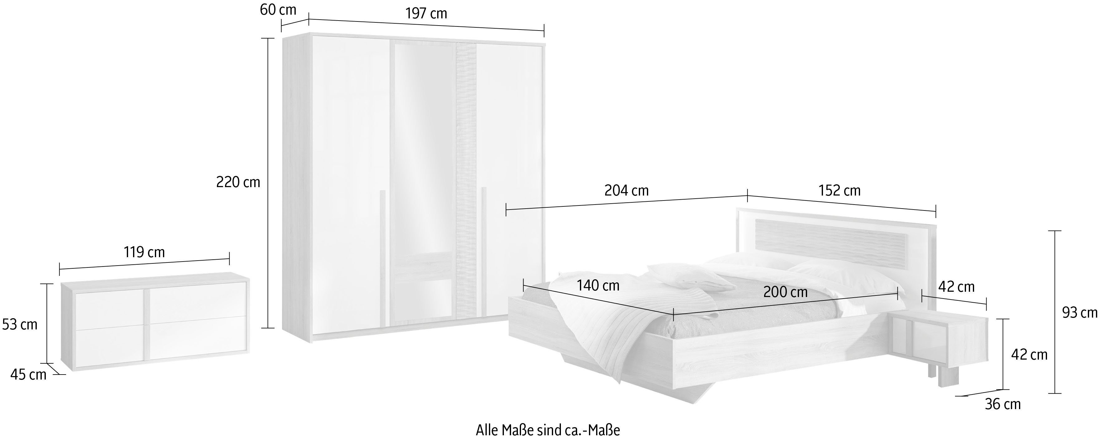 Gami Schlafzimmer-Set Curtys, (5-St., 1x Bett, 2x hängende Nachttische, 1x Kleiderschrank und 1x Lowboard)