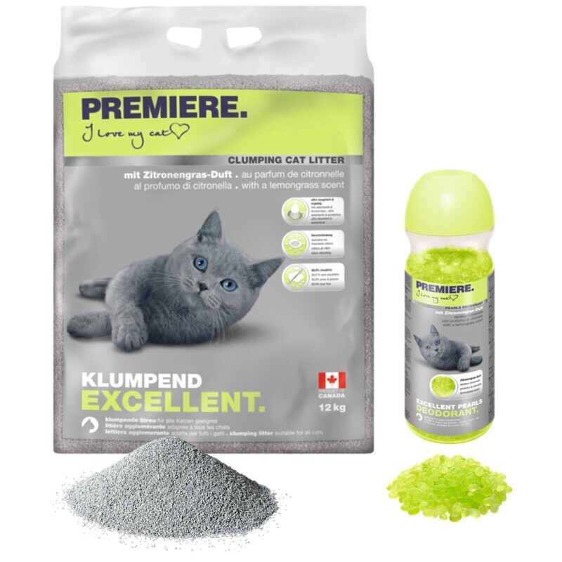 PREMIERE Katzenstreu PREMIERE Excellent Klumpstreu 12kg mit Deodorant, Zitronengras-Duft