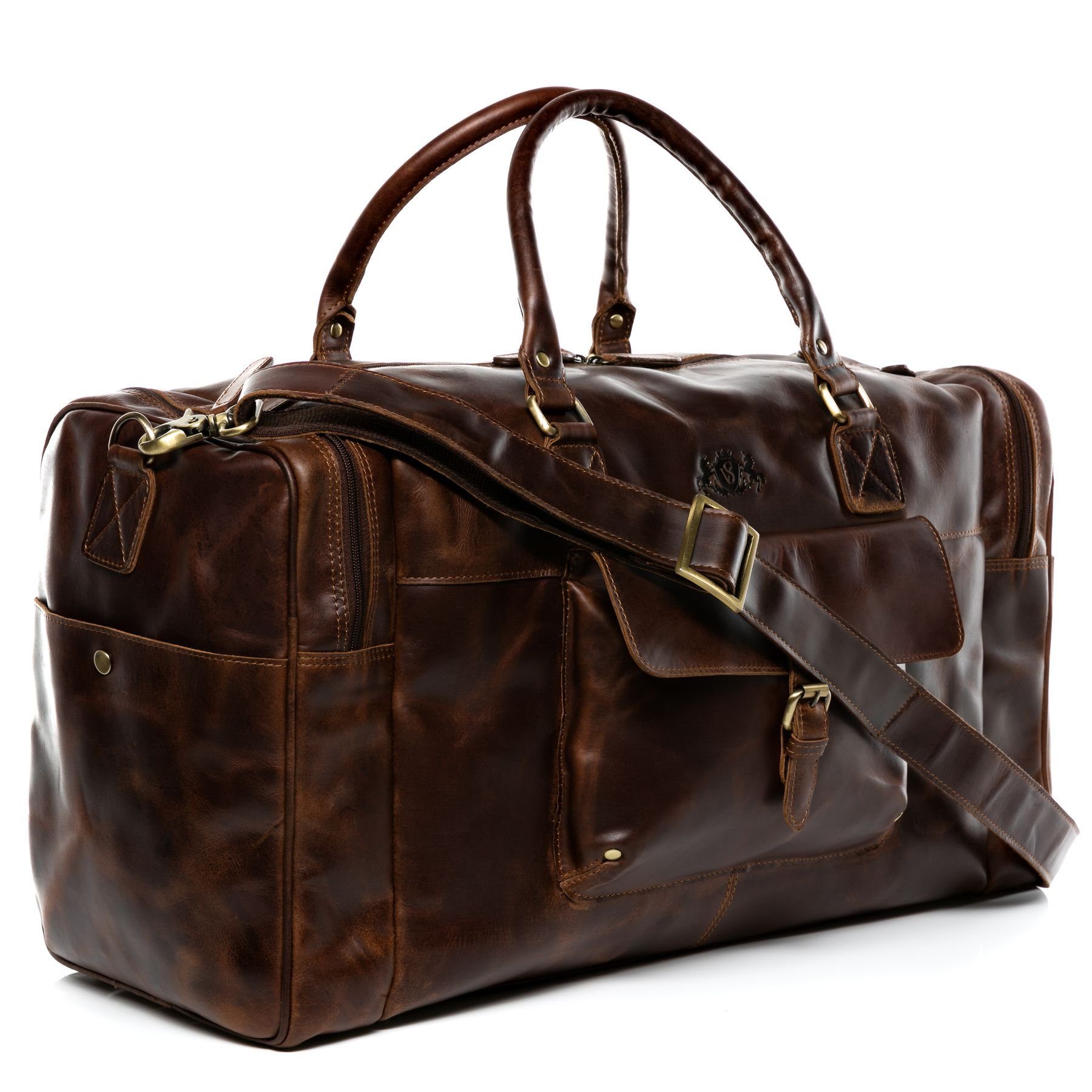 SID & VAIN Reisetasche Leder Weekender Unisex YALE, Echtleder Reisegepäck für Damen & Herren, Sporttasche XL braun-cognac