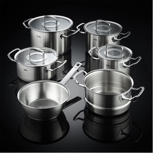 Original-Profi Collection® 6-teiliges Topf-Set mit Glasdeckeln, Dämpfeinsatz und Sauteuse