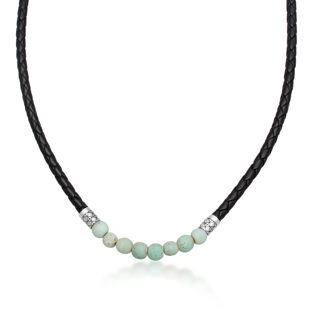 KUZZOI KUZZOI Collier Hommes Perles de verre Basique avec cuir en argent sterling 925 collier