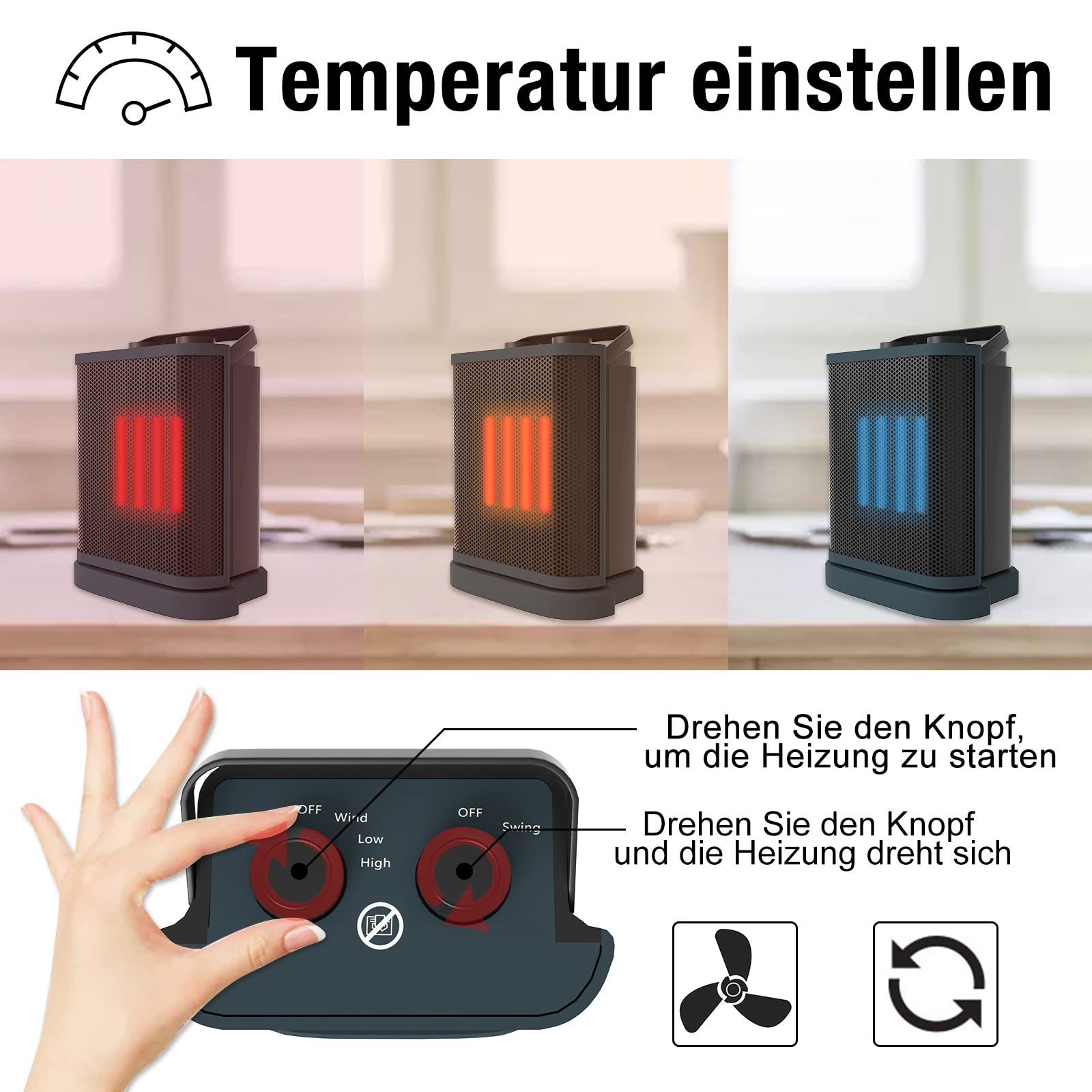 UISEBRT Keramikheizlüfter Keramikheizung, 1500 W, mit Überhitzungsschutz