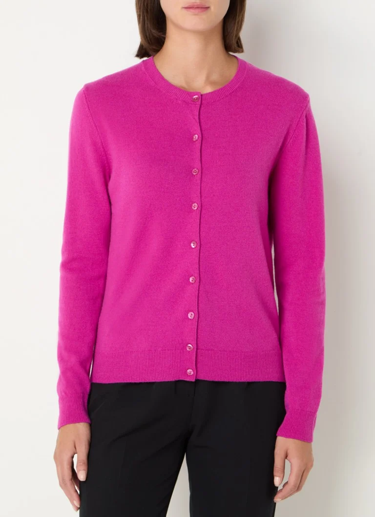 Cardigan Benetton cu guler rotund, confecționat din lână fină.
