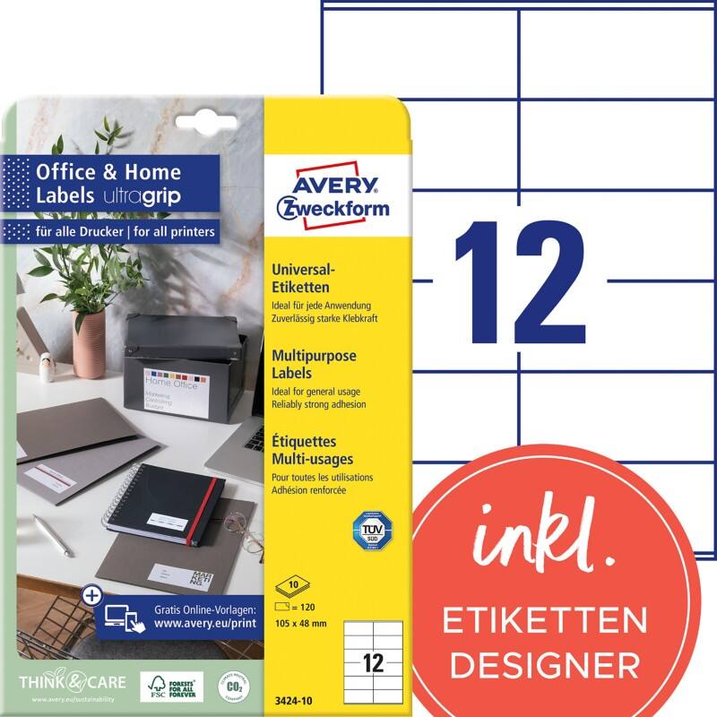 AVERY Zweckform ultragrip Universaletiketten 3424-10 Selbsthaftend DIN A4 Weiß 105 x 48 mm 10 Blatt à 12 Etiketten