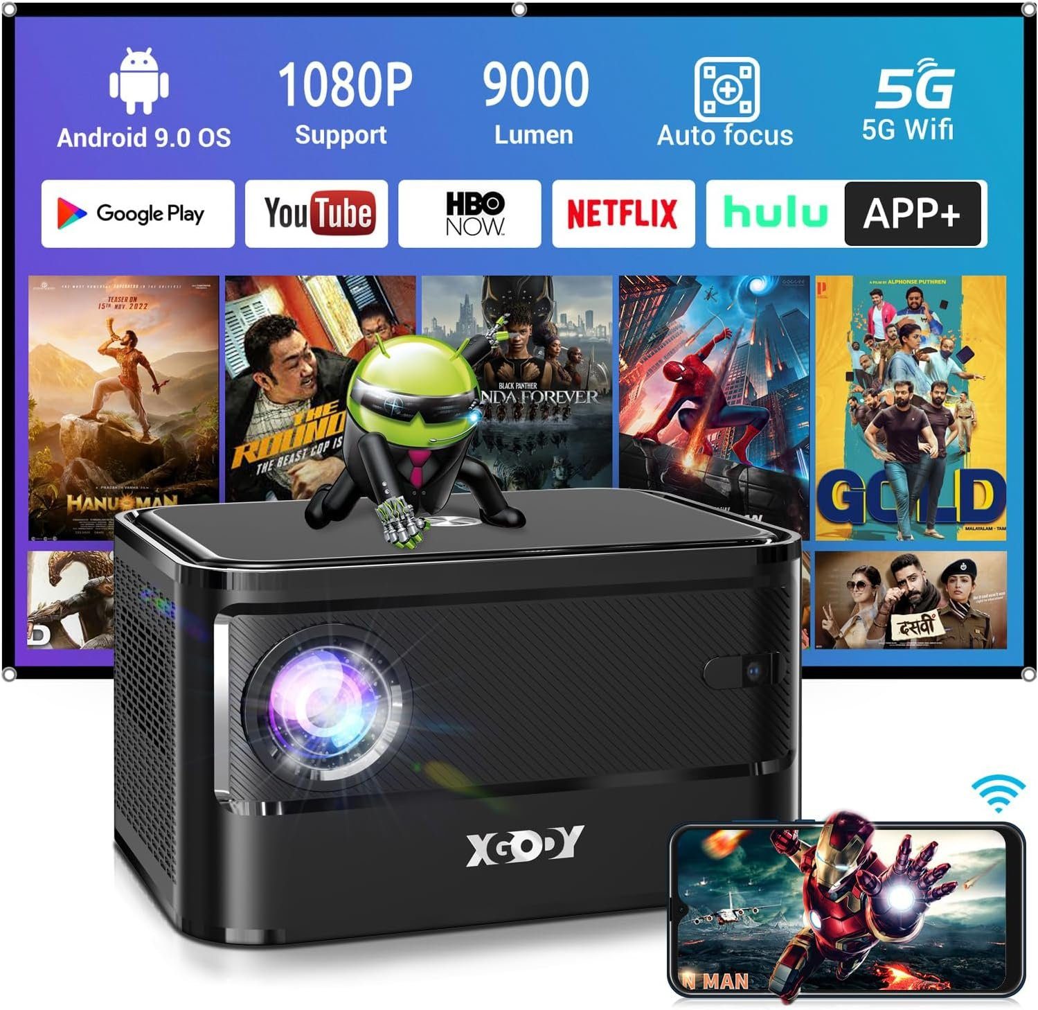 XGODY Portabler Projektor (9000 lm, 3000:1, 1920 x 1080 px, Projektor mit WLAN und Bluetooth 1080P Unterstützung HD Mini Heimkino)