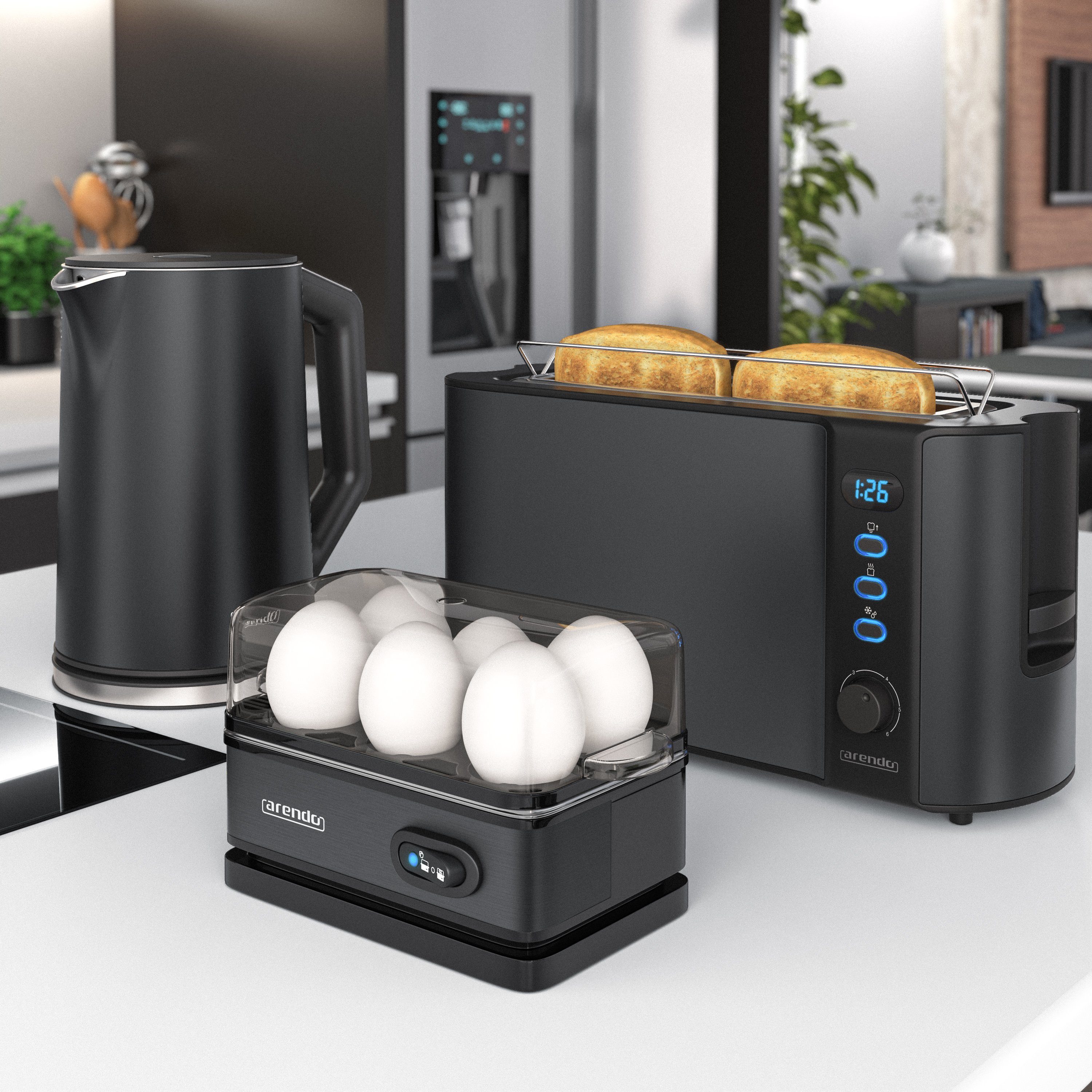 Arendo Frühstücks-Set (3-tlg), Wasserkocher 1,5l, 2-Scheiben Toaster, 6er Eierkocher, Schwarz