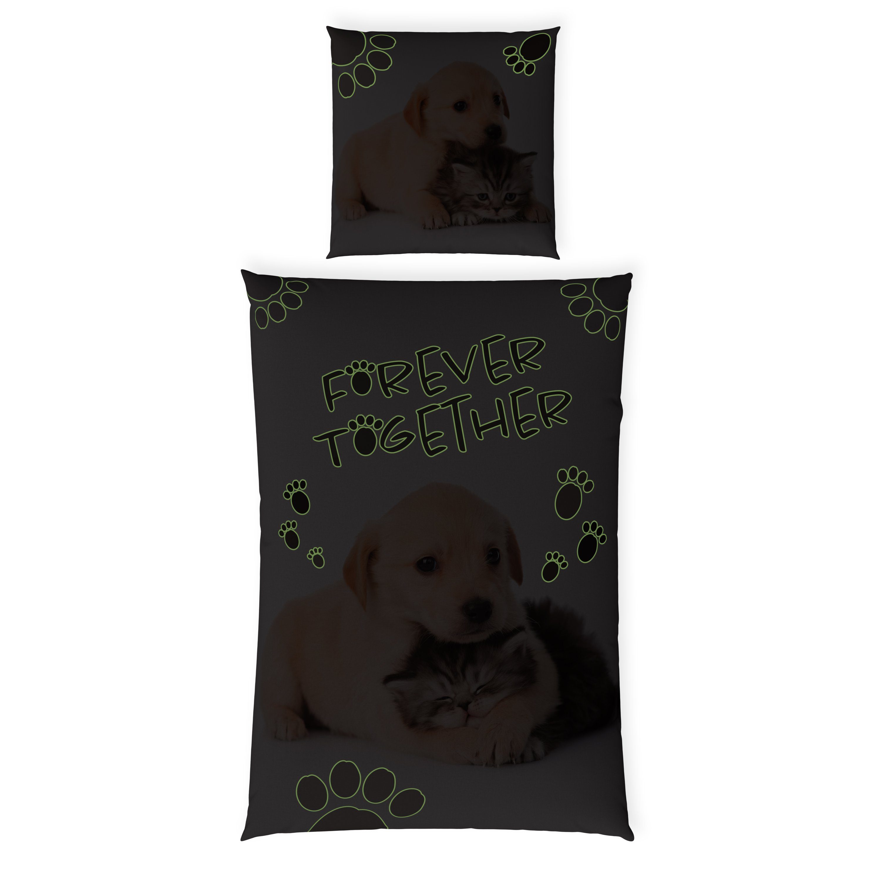 Kinderbettwäsche Leuchtende Bettwäsche 135x200 Kinder Bettwäsche Tiere + 10 SPIELE, Carpe Sonno, Baumwolle, 2 teilig, GLOW IN THE DARK Tier Bettwäsche Hund Katze